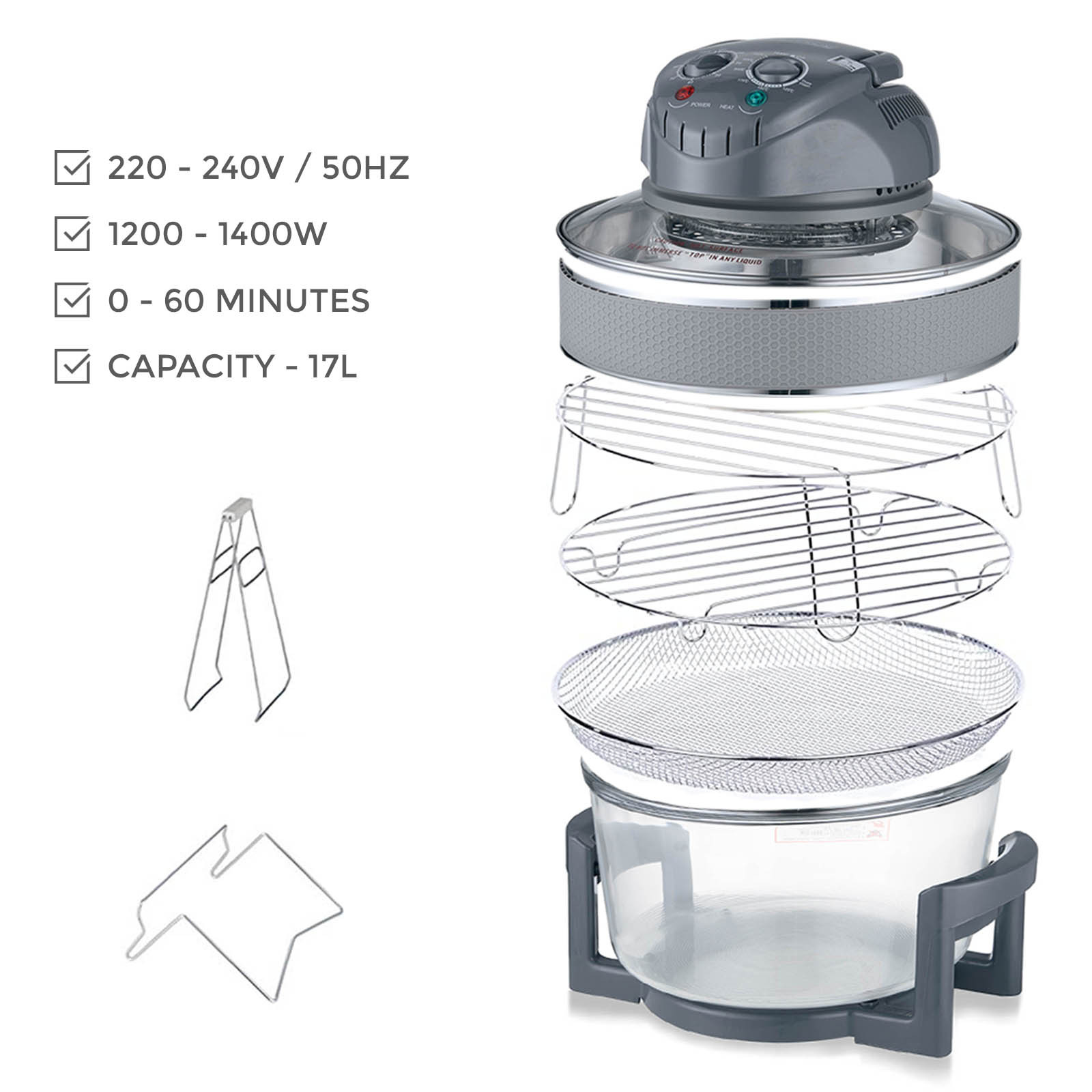 17L/1400W Air Fryer, Halogen Oven Fryer Oil-free Meals With Our Manual Air Fryer, Includes Accessories Pack, 60 Minute Timer & Extender Ring, For Baking, Roasting, Grilling Variety Of Dishes