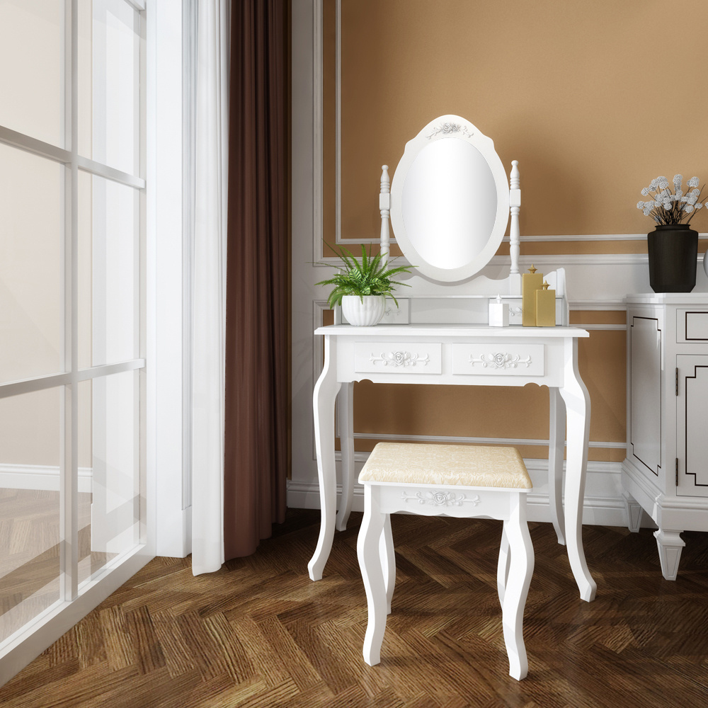 Bonnlo Makeup Table With Mirror, Cosmetic Table With Stool And 4 Drawers, 75 X 40 X 142.5cm, Dressing Table, Mdf Wood, White