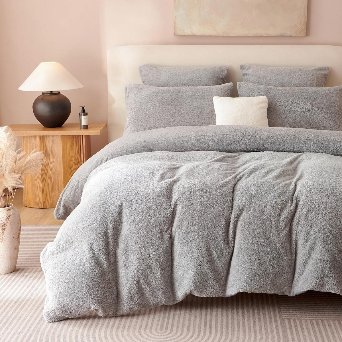 TEMU Gray Plush Bedding Teddy Fluffy Bedding Set