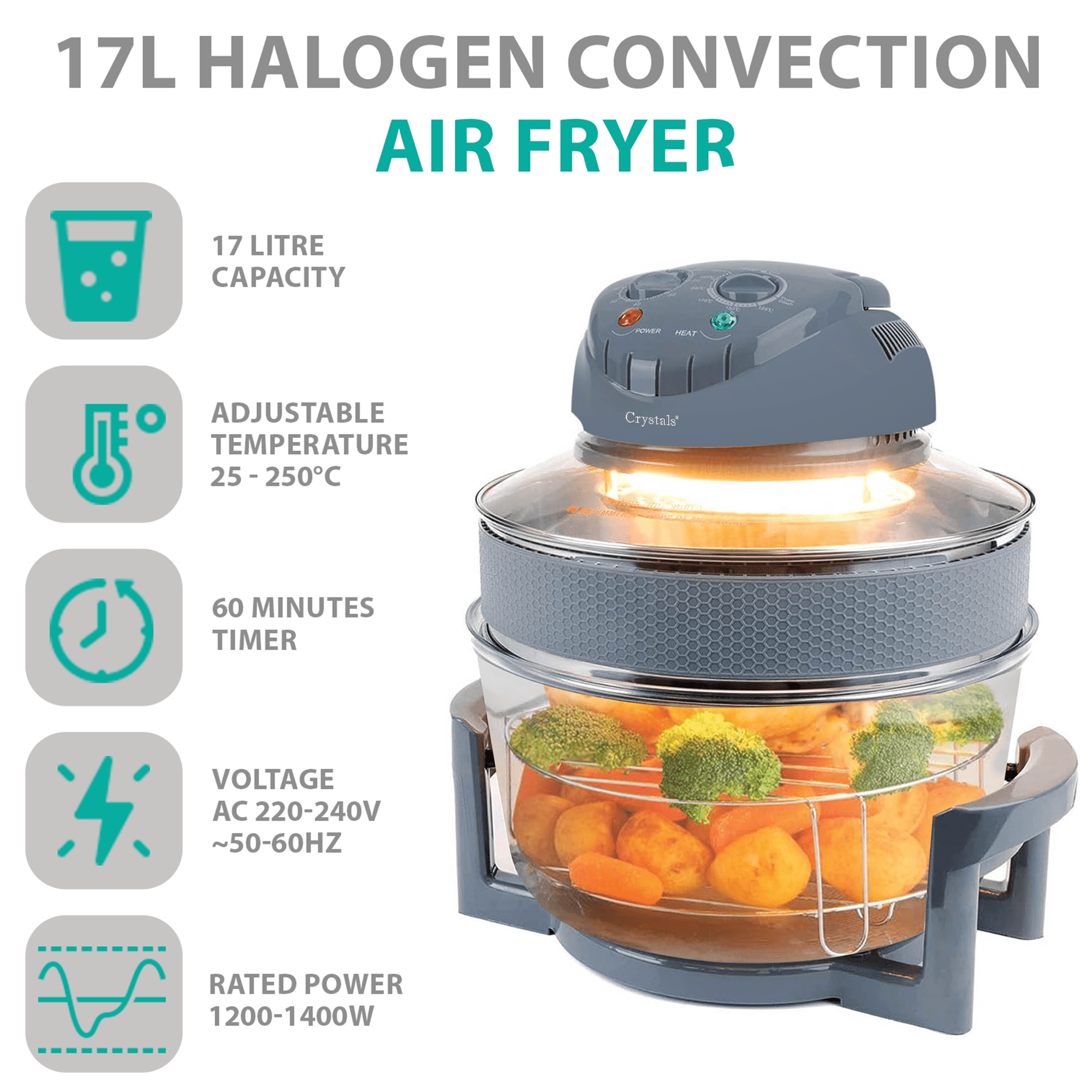 17L/1400W Air Fryer, Halogen Oven Fryer Oil-free Meals With Our Manual Air Fryer, Includes Accessories Pack, 60 Minute Timer & Extender Ring, For Baking, Roasting, Grilling Variety Of Dishes