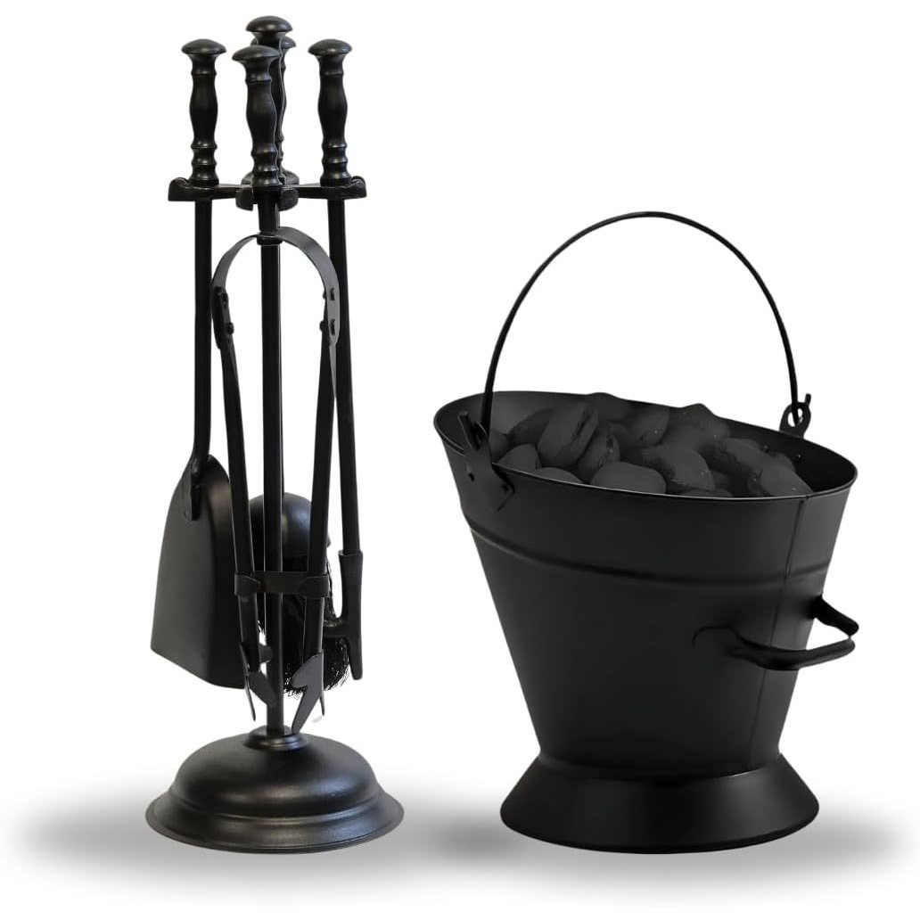 TEMU 5pcs Fireside Companion Set For Log Burner | Traditional Black Heavy Duty Fire Set For Wood Burners | Coal Tongs Brush Shovel Stand Ash Bucket