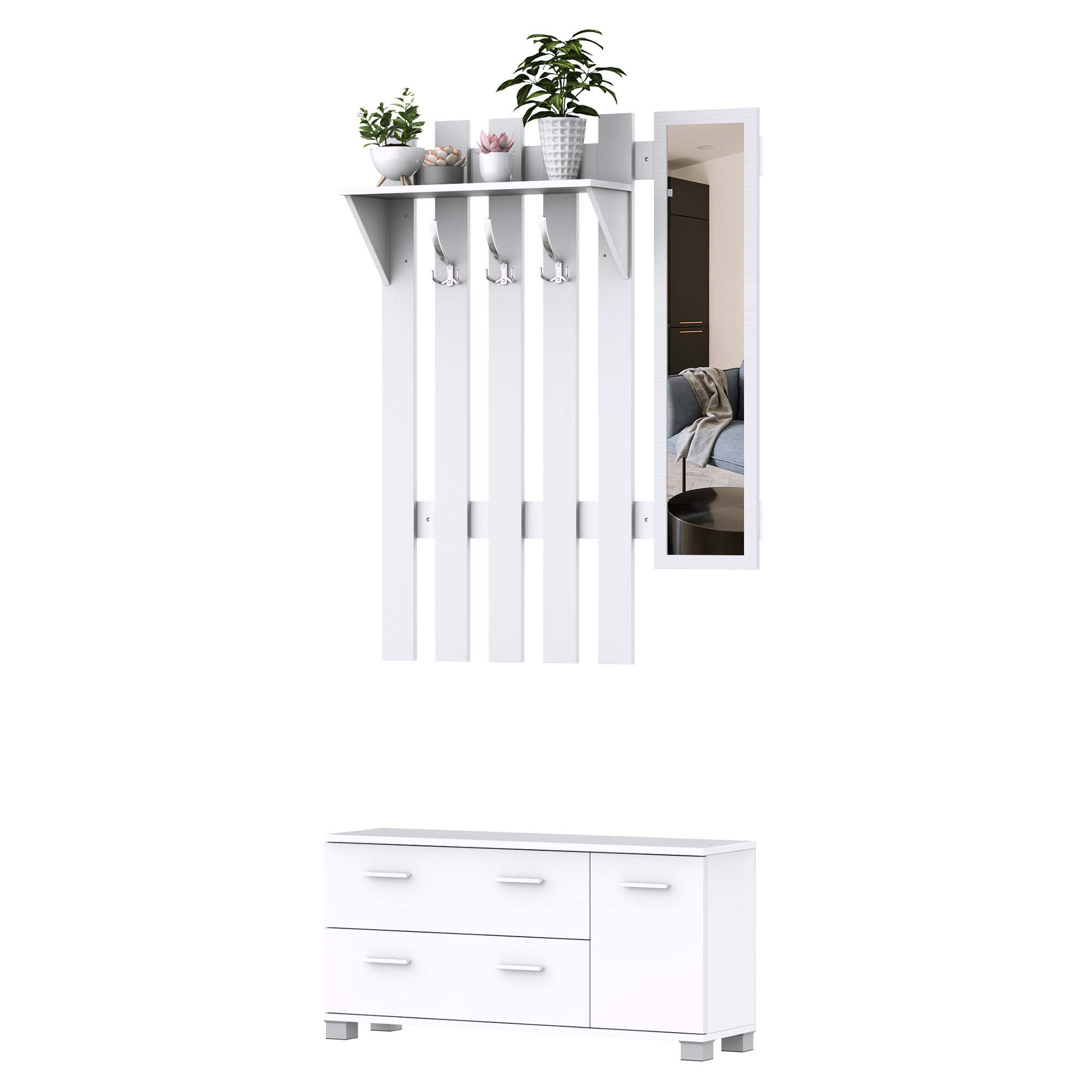 Entryway Set With Mirror, Coat Rack, Shoe Rack, And 3 Hooks Shelf With 2 Drawers For Hallway, White