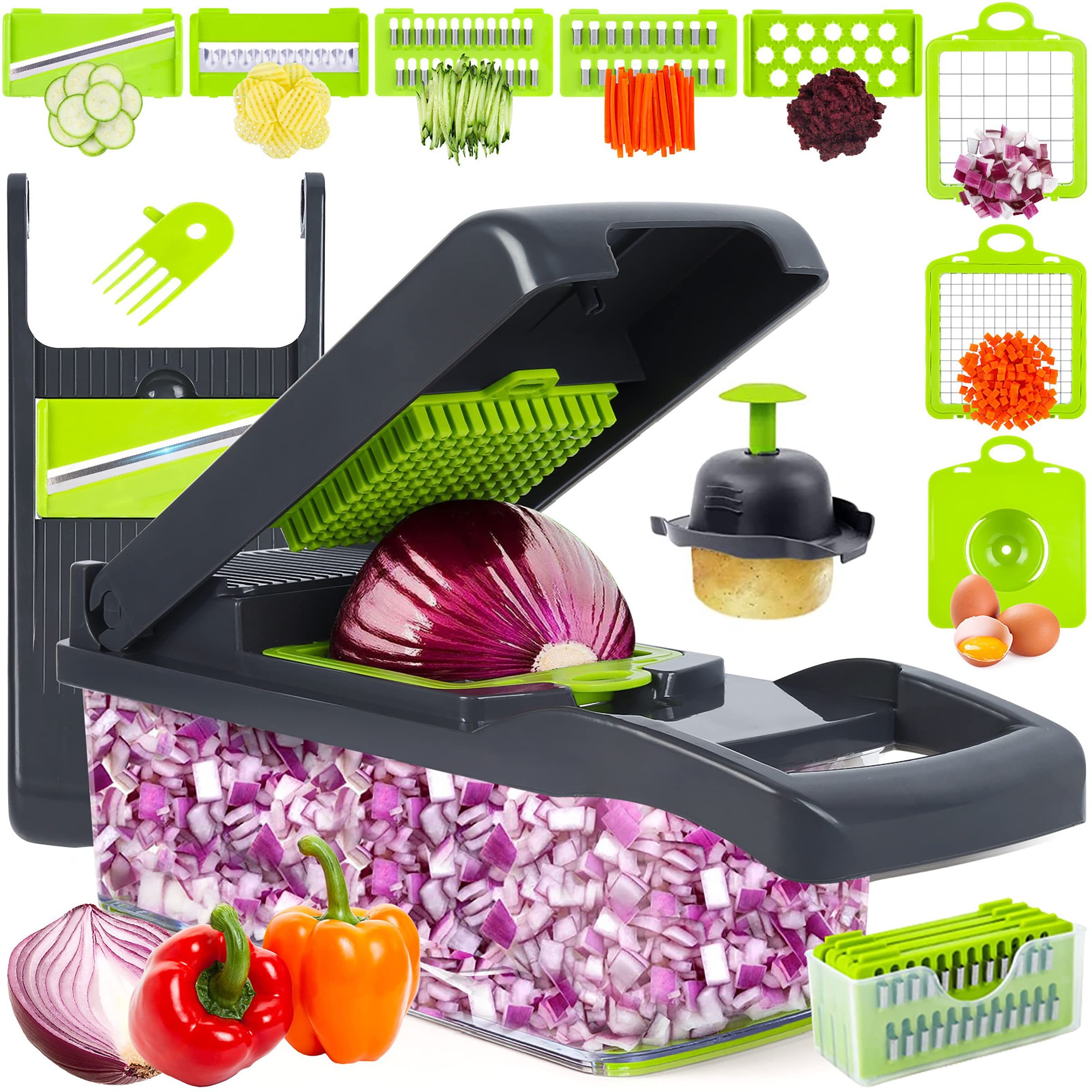 

17-in-1 Multifunctional Food Slicer, Vegetable Chopper, Professional Onion Chopper, Kitchen Vegetable Chopper, Vegetable Chopper With 8 Blades, Carrot And Garlic Chopper With Container (grey)