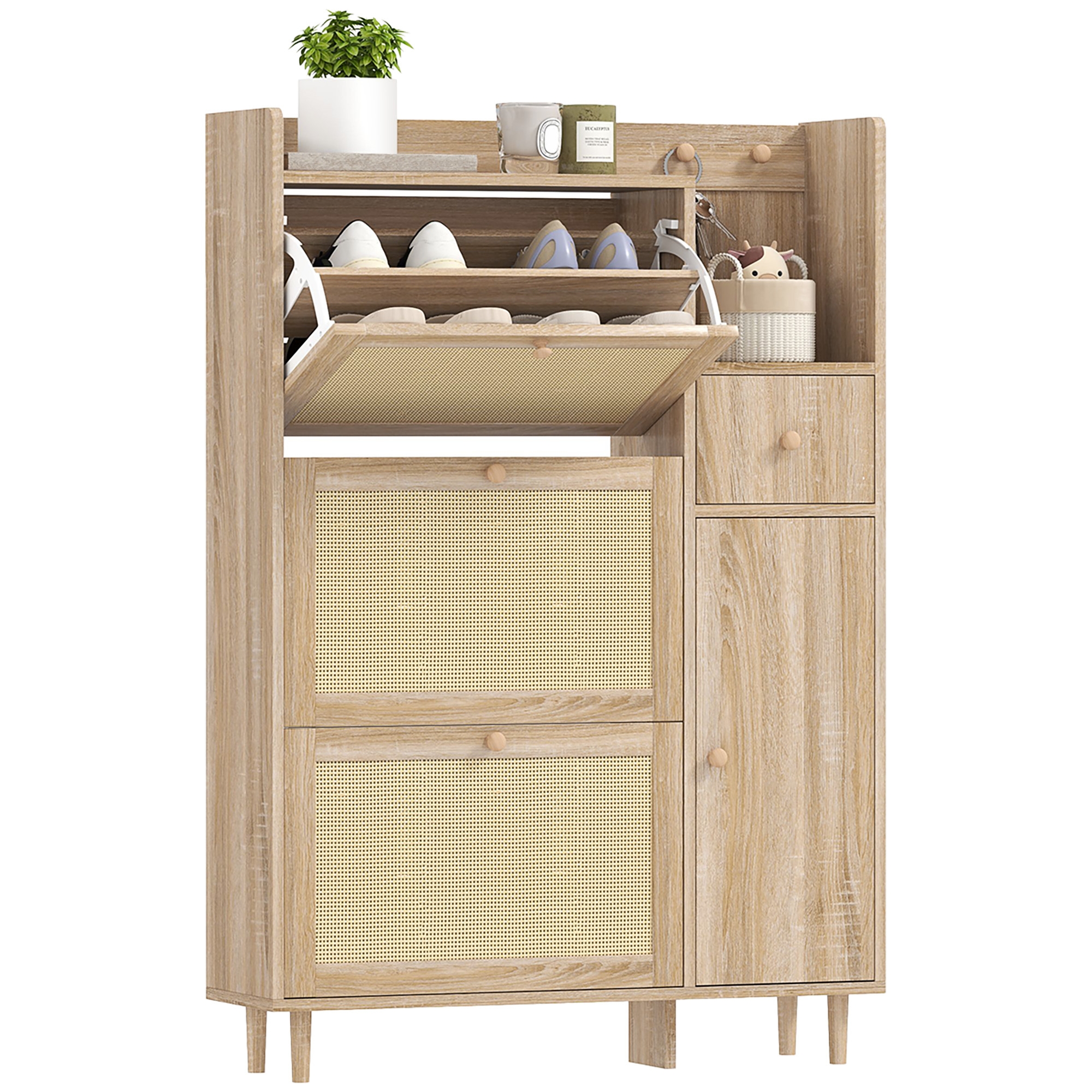 Image of Homcom Shoe Cabinet With 3 Folding Drawers With Rattan For 12 Pairs Of Shoes Adjustable Shelves Narrow Shoe Cabinet For Hallway Entry 80x23x120 Cm Oak