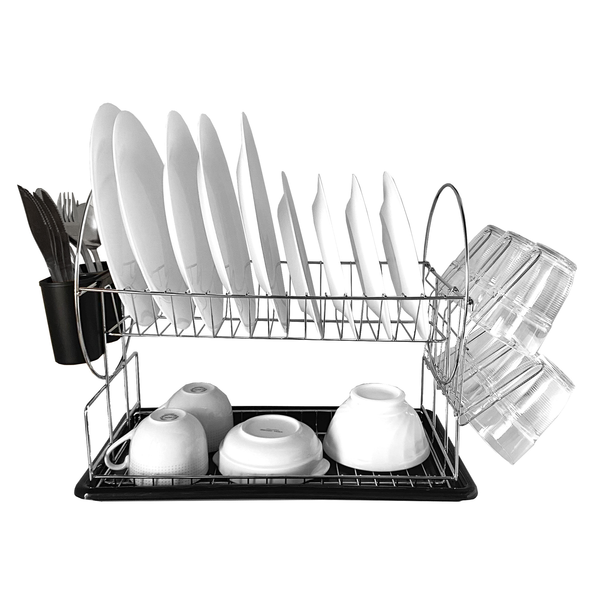 TEMU Escurridor de platos de cocina de acero inoxidable Home con bandeja extraíble - 2 niveles - con soporte para cubiertos y tazas - 23x33x53 cm