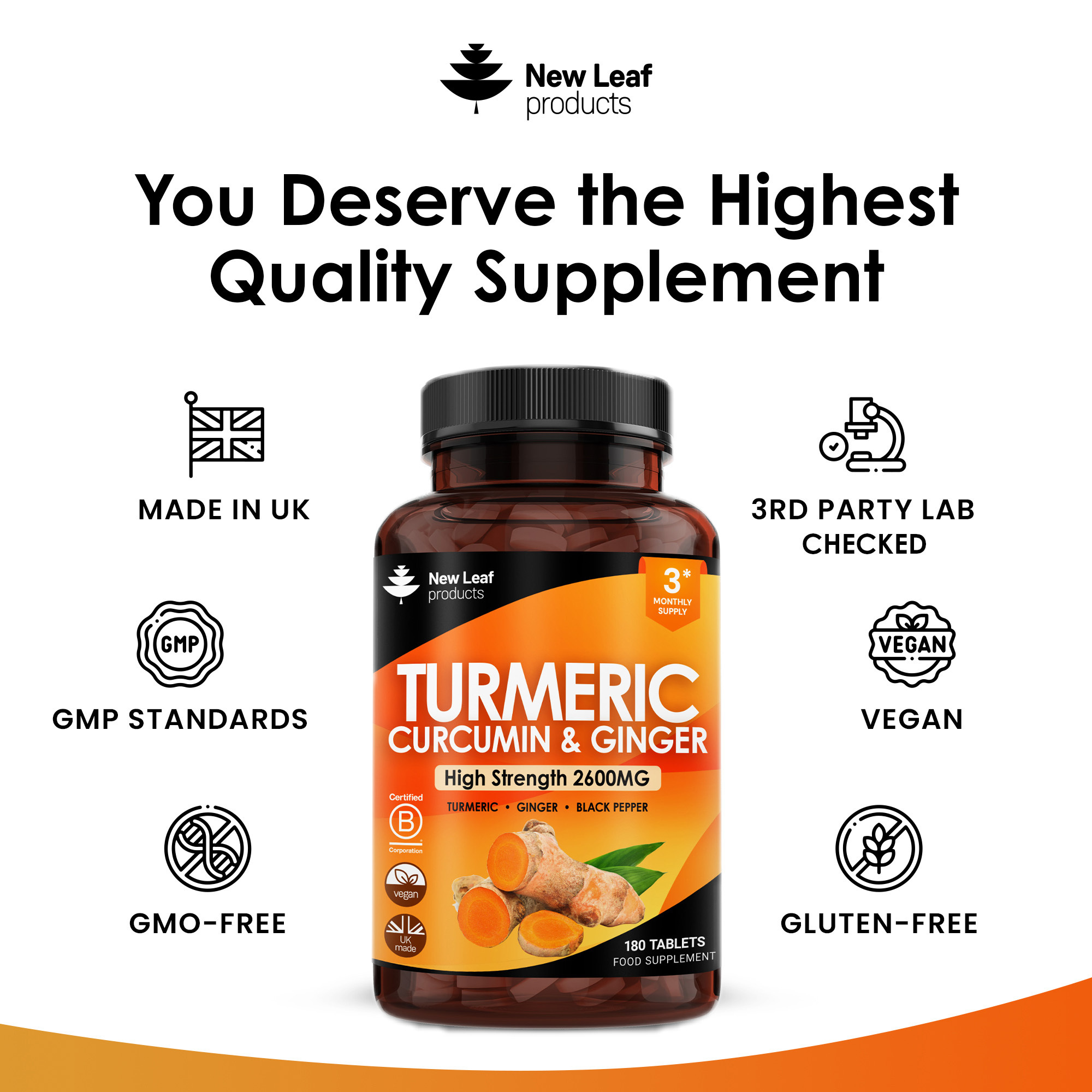 Turmeric Supplements Ginger & Black Pepper Turmeric Tablets 95% Curcumin (3 month supply