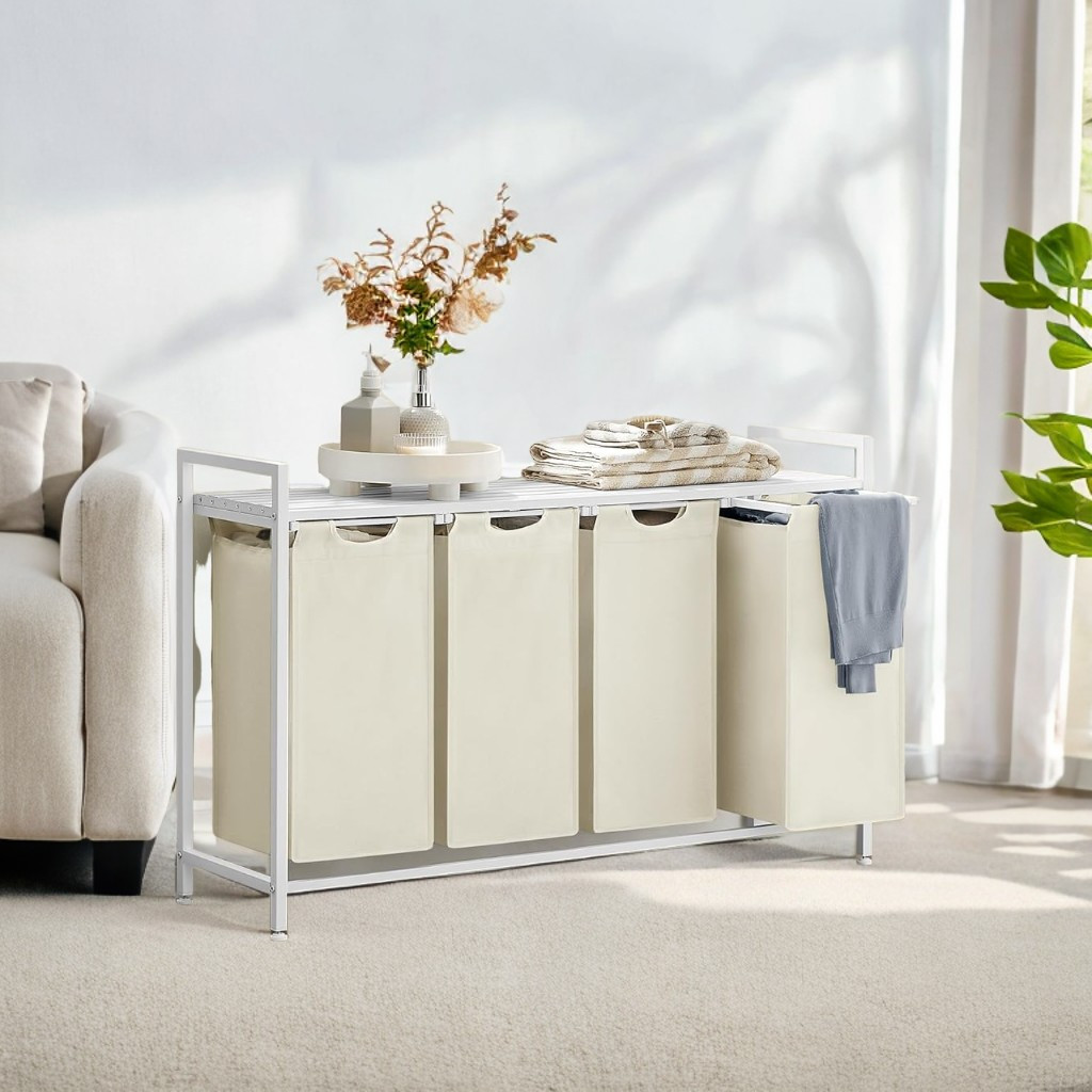 E-shop Wäschekorb 4 Fächer, Wäschesammler mit Ablage, Wäschebox, Wäschesack Metallrahmen, 4 x 40 L, 116 x 33 x 72 cm