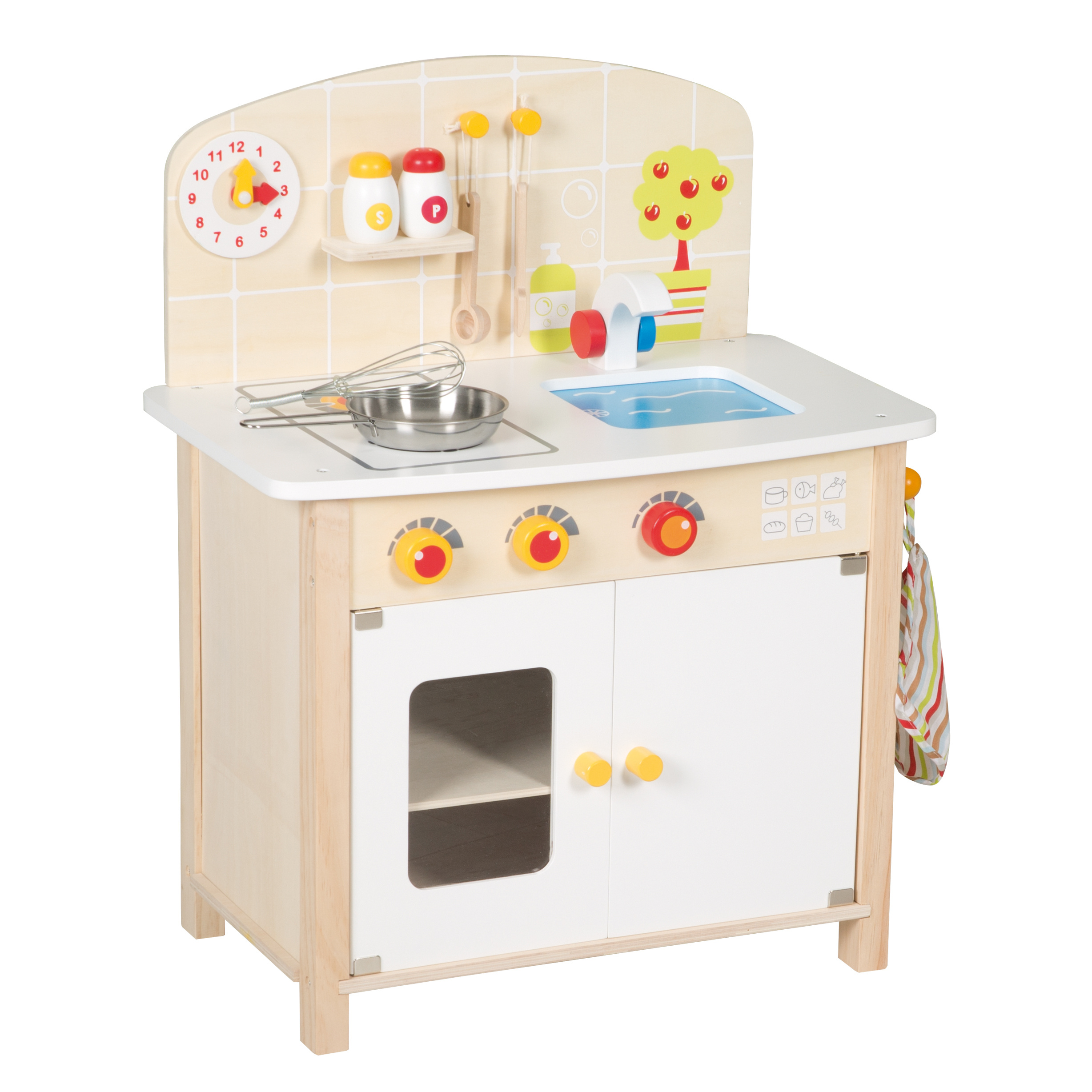 Image of Roba Wooden Play Kitchen - Toy Children's Kitchen With Accessories - 2 Cooking Stations, Sink, Faucet - Natural / White