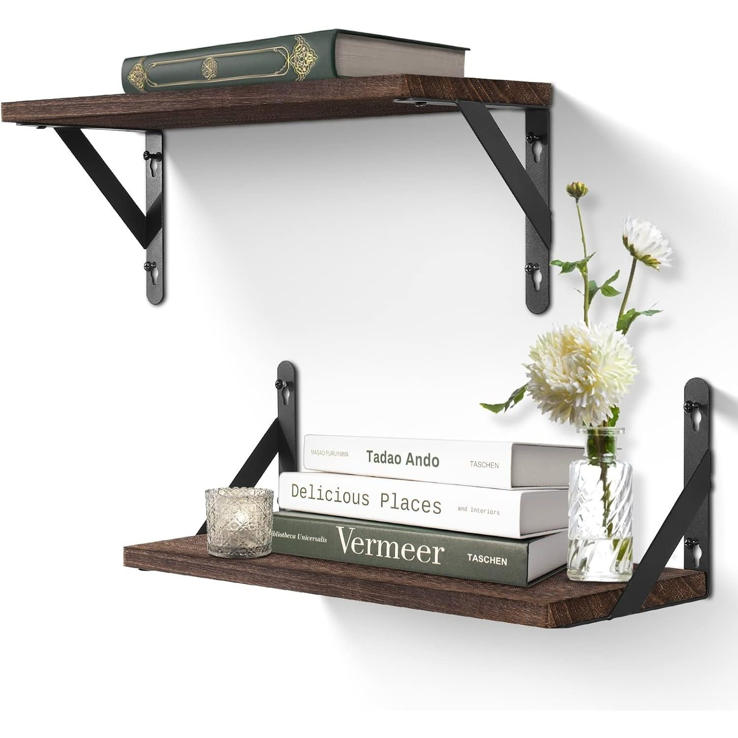 TEMU Set Of 2 Floating Shelves 42 X 15cm Rustic Wooden Shelves Decorative Wall Shelf Brackets Storage Book Shelves For Screw Mounted Shelf Bedroom,