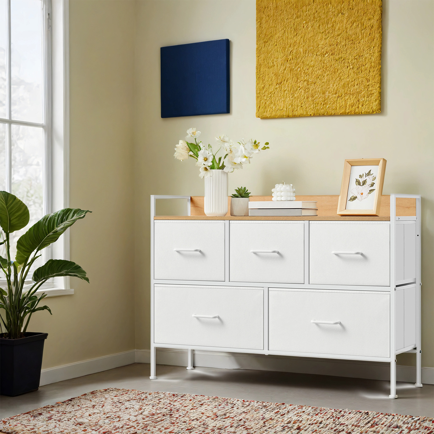 Dresser, Closet, 5 Fabric Drawers With Handles, Metal Frame