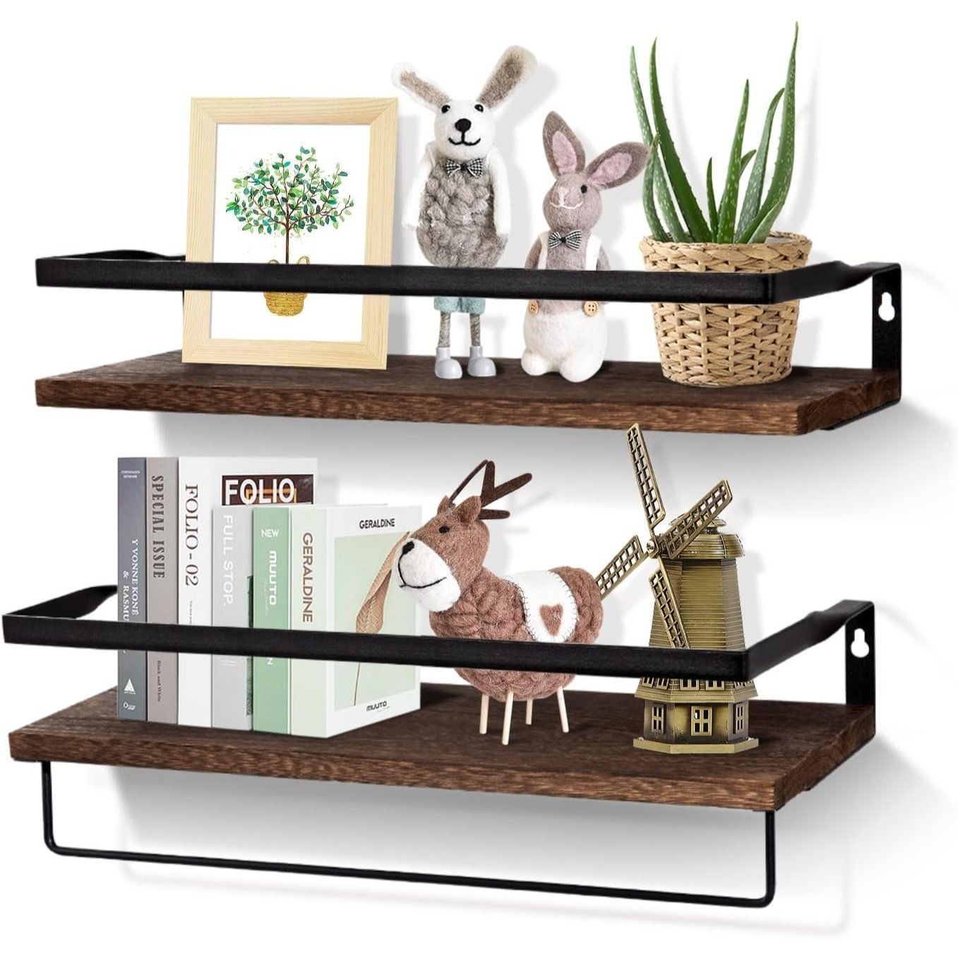 TEMU Set Of 2 Floating Shelves 42cm Rustic Wooden Shelves Decorative Wall Shelf Brackets Storage Book Shelves For Screw Mounted Shelf Bedroom,