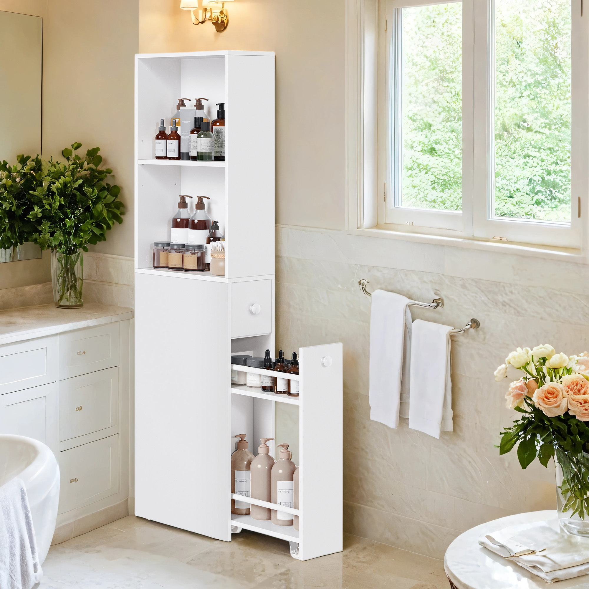 Image of Tallboy Cabinet High, High Cabinet, Bathroom Cabinet Narrow, 40 X 18 X 134.4 Cm, With Drawers And Height-adjustable Shelf, For Small Spaces, White