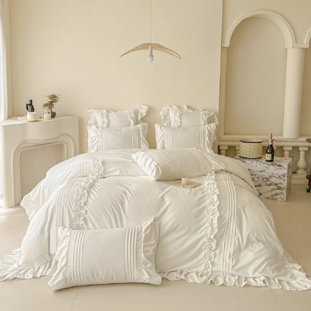 Image of White Bedding With Ruffles Romantic Bedding Sets For Women Girls Reversible Bedding Set Soft Microfiber Aesthetic Ruffles Duvet Cover And Pillowcase 80x80 With Zipper