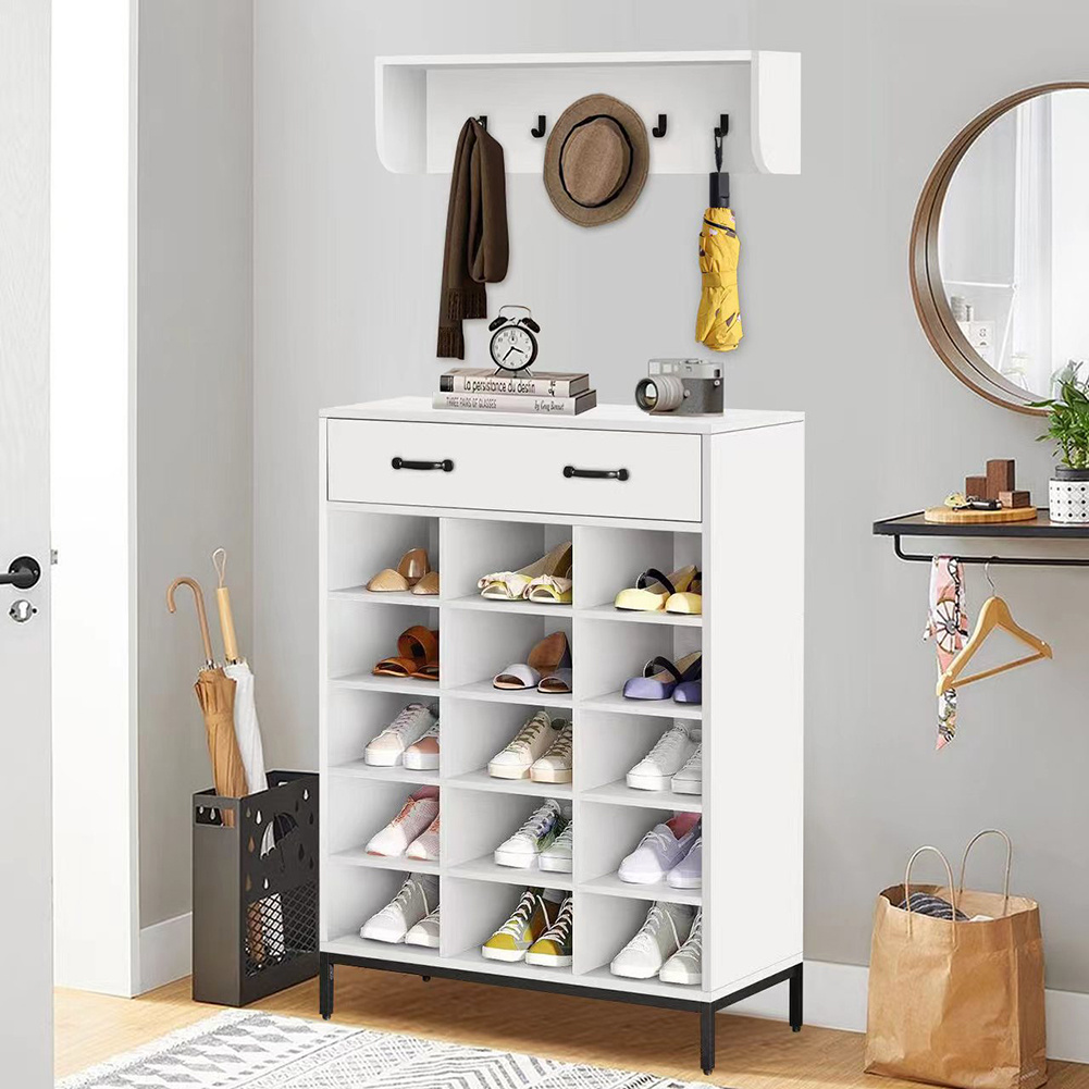 Entrance With Shoe Rack And Wall Hooks, Self-supporting Shoe Rack Mobile With 1 Drawer And 15-compartment Organizer, Wall-mounted Coat Rack With 5 Hooks, , Bathroom ()