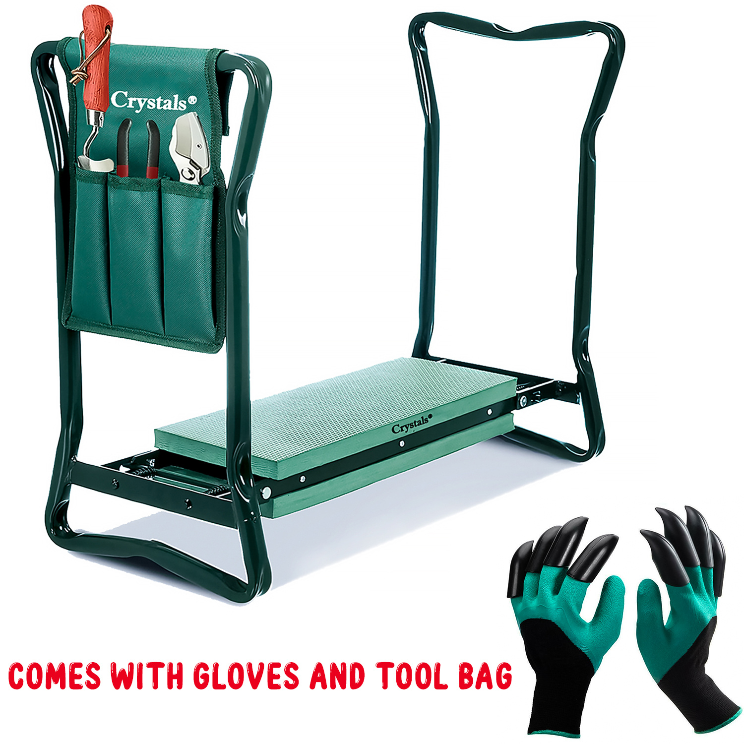 crystals green metal portable foldable foam padded gardening knee pad garden kneeler with gardening gloves no   use without electricity