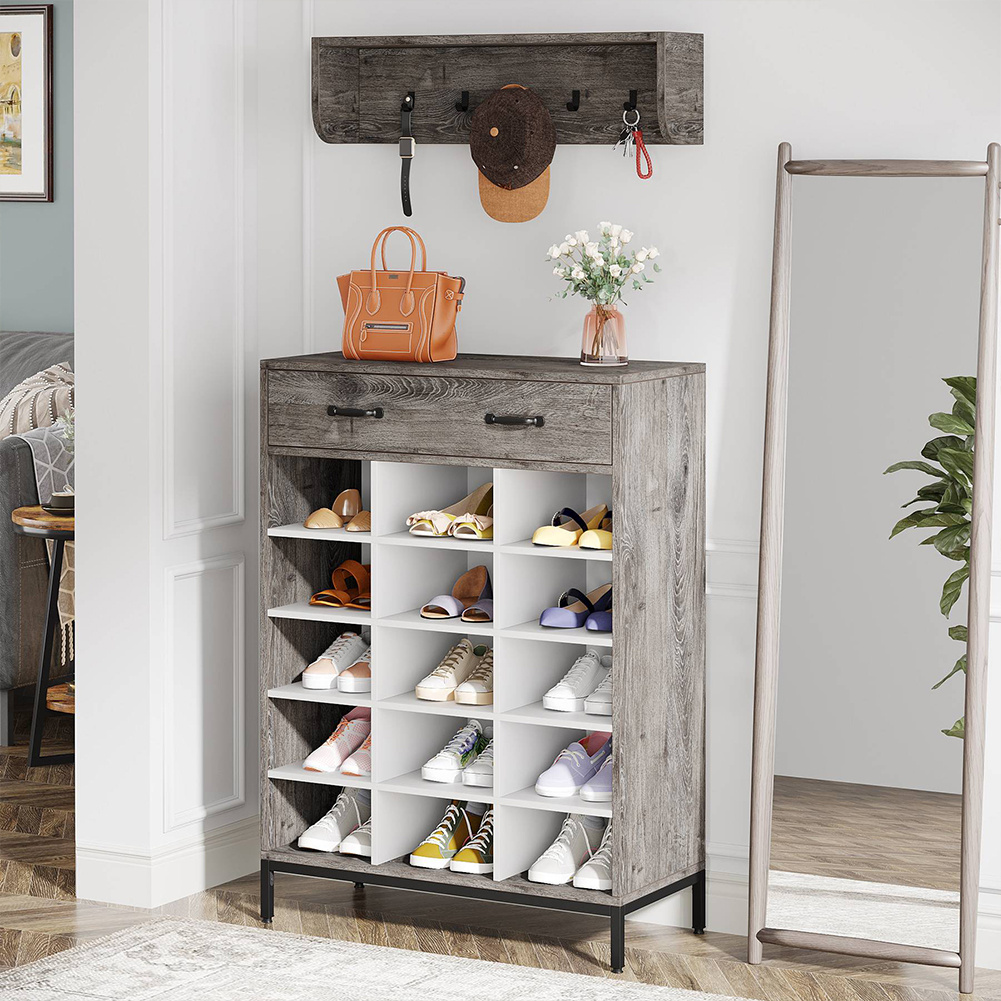 Image of Entryway Set With Shoe Rack And Wall-mounted Coat Hook, Freestanding Shoe Cabinet With 1 Drawer And 15-compartment Organizer, Wall-mounted Coat Rack With 5 Hooks, For Hallway, Bathroom (grey)
