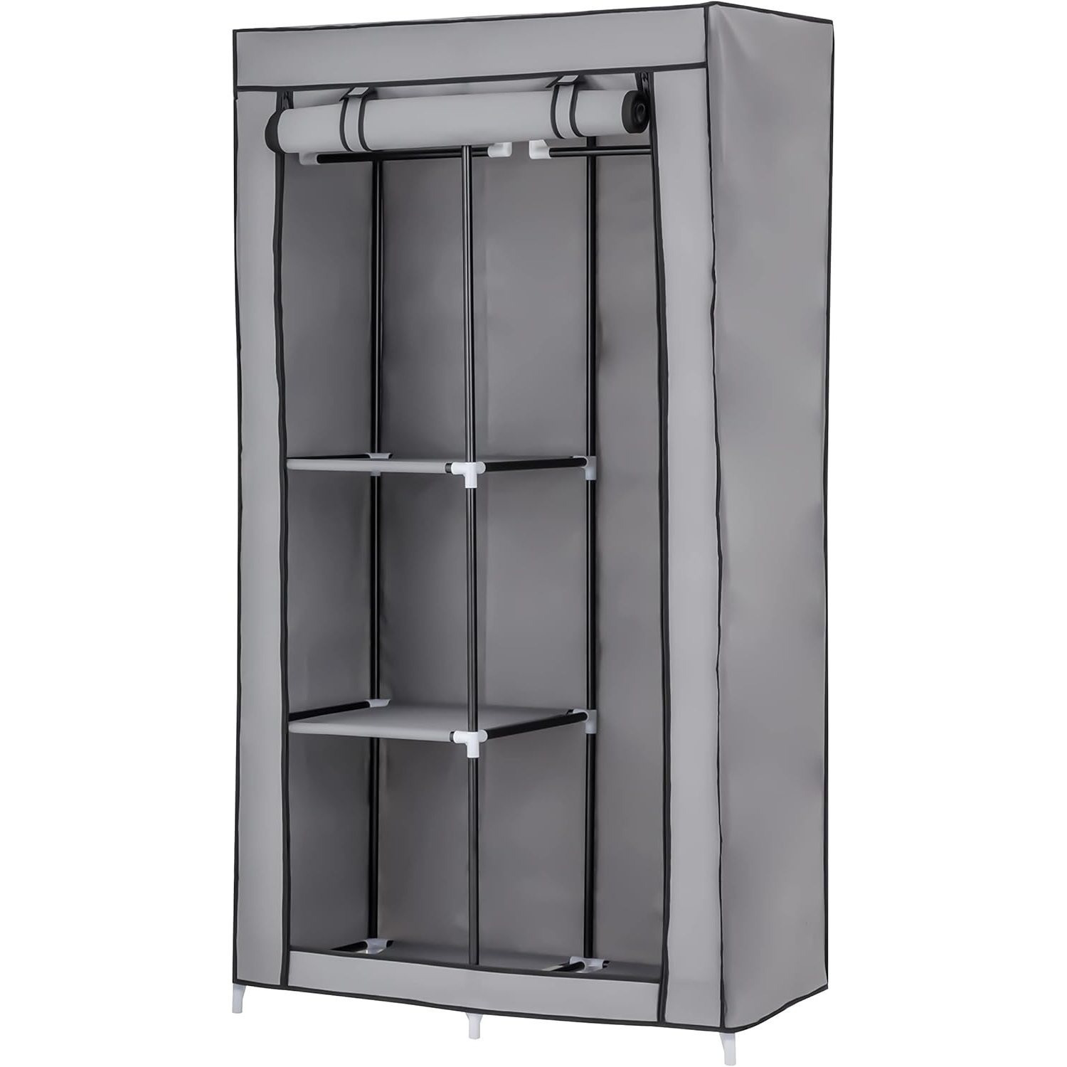 E-shop Baroni Home Faltbarer Stoffkleiderschrank, 88x45x160 cm, Grau, mit 2 Seitengestellen und 1 Kleiderstange, platzsparender Schrank aus Vliesstoff