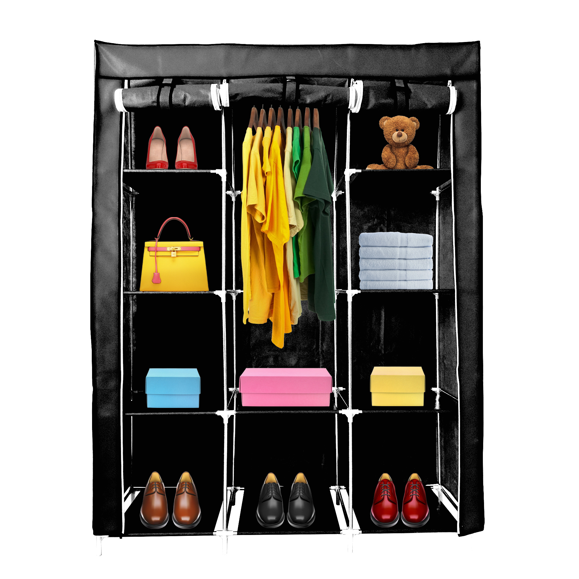 TEMU Armario Vestidor de Tela Home 170x130x45cm 9 huecos 1 Zapatero Perchero Organización de Ropa y Calzado