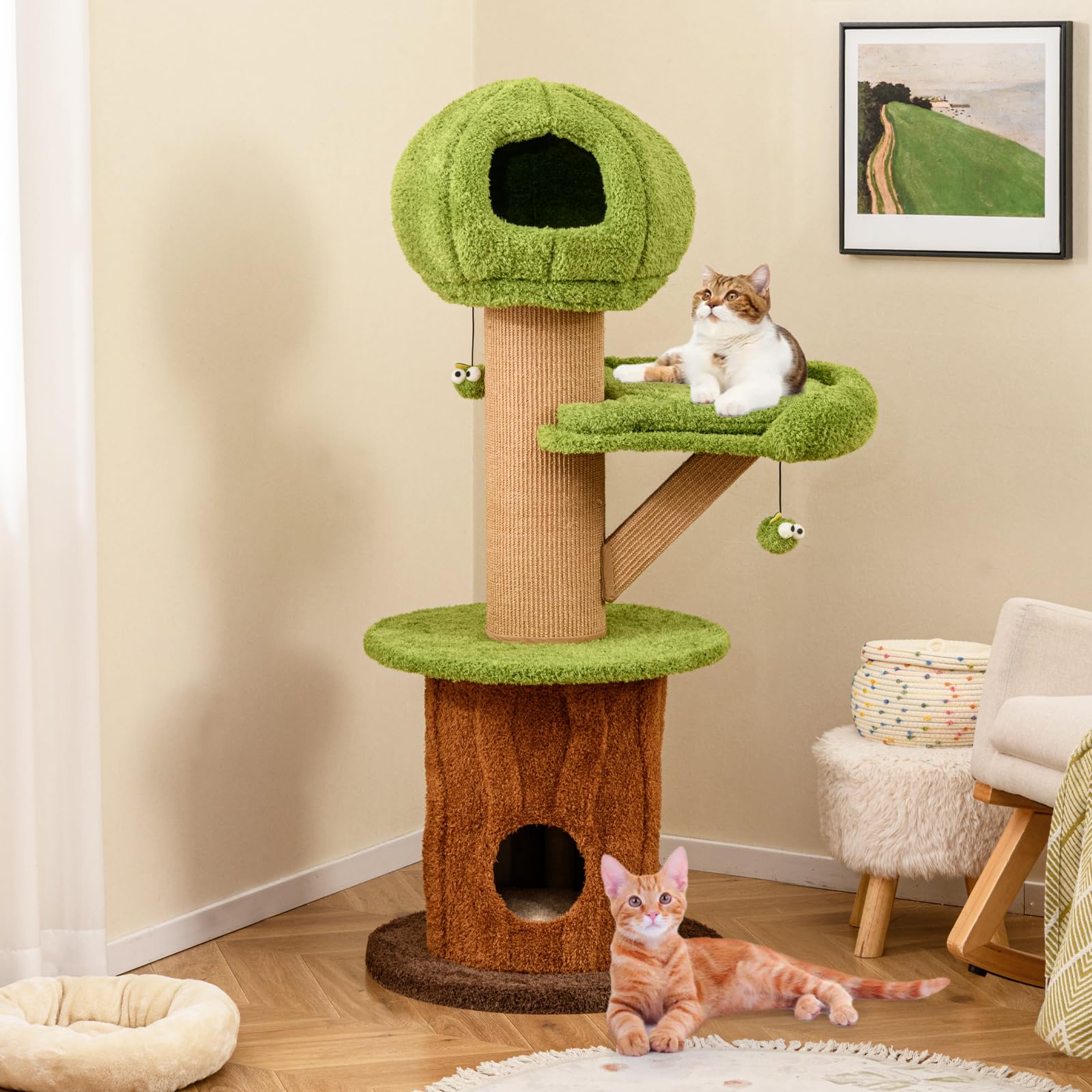 Arbre à chat avec niche et maison, tour à chat en forme d'arbre avec aire de couchage, balle, tapis en sisal, arbre à chat grimpant, marron et vert, 60 x 60 x 148 cm