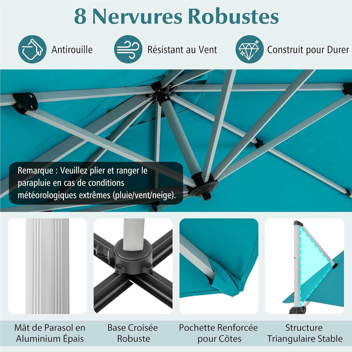 3x3M Offset Umbrella, Square Garden Umbrella with Cross Base, Adjustable 5-Angle Tilt Umbrella with 360° Rotating Crank and Dual Canopy, Blue