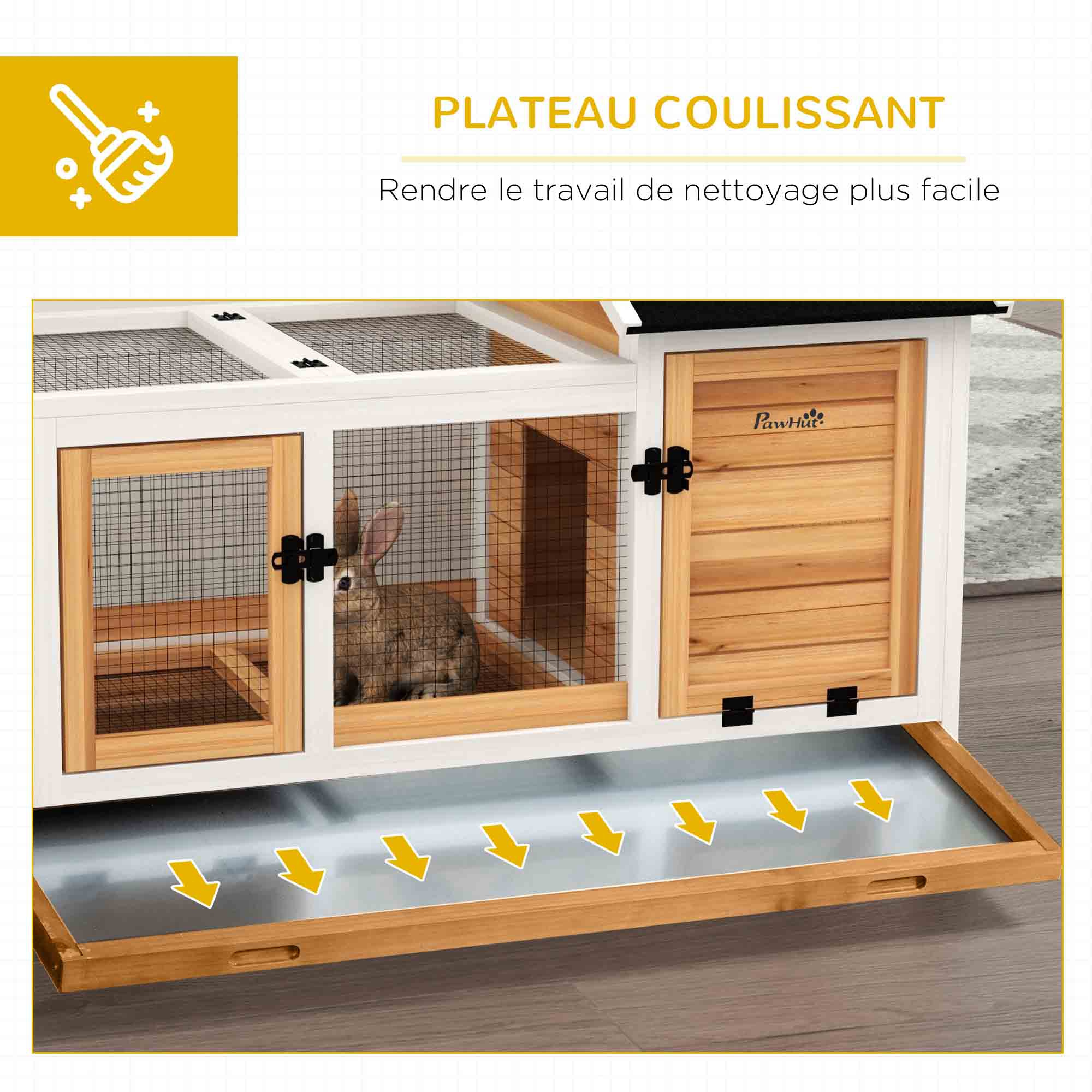 PawHut Rabbit Cage with Rodents on Wheels 2 Lockable Doors Droppings Drawer - dim. 108L x 58W x 73.5H cm - yellow wood, Multi-Equipped Hutch With Play Area And Shelter