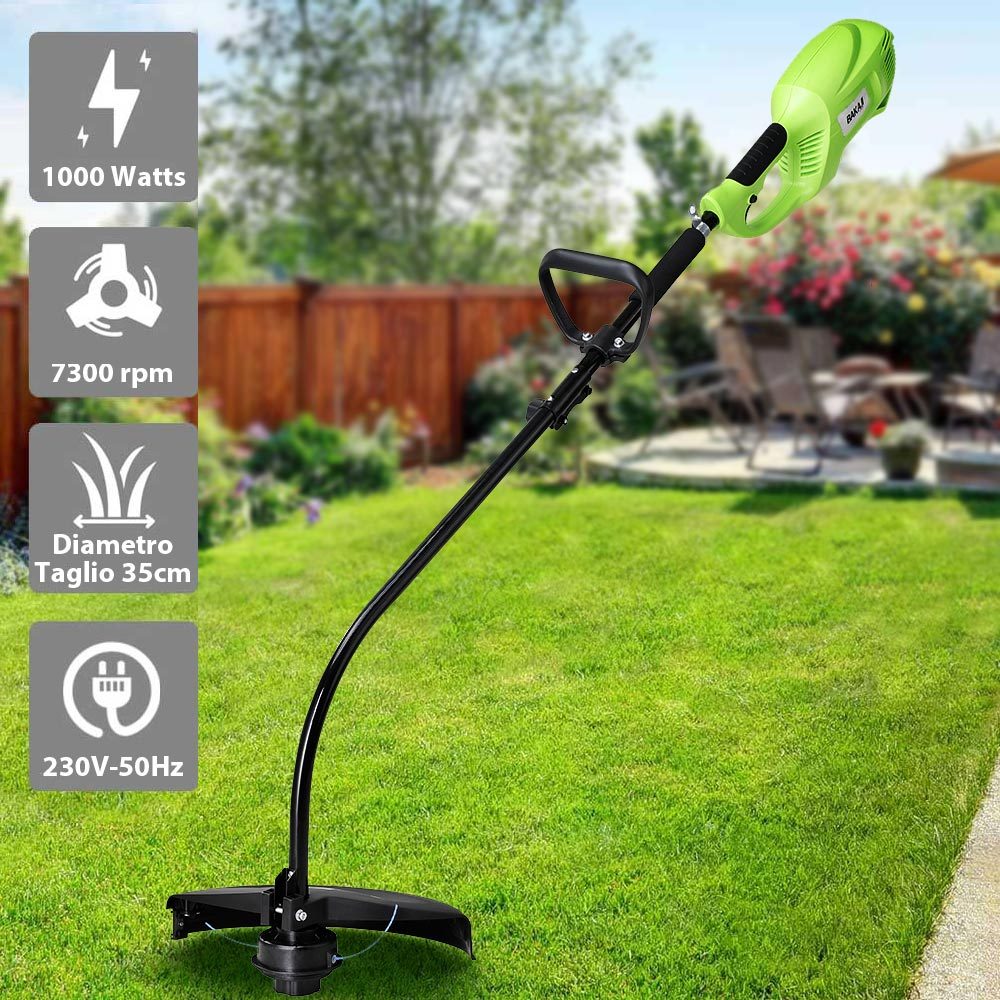 Image of Bakaji 1000w Electric Brush Cutter, 7300 Rpm, 35 Cm Cutting Diameter, Grass Trimmer, Edger With Dual Anti-slip Handles, Garden Lawn Mower With Shoulder Strap And 6m Nylon Line Included