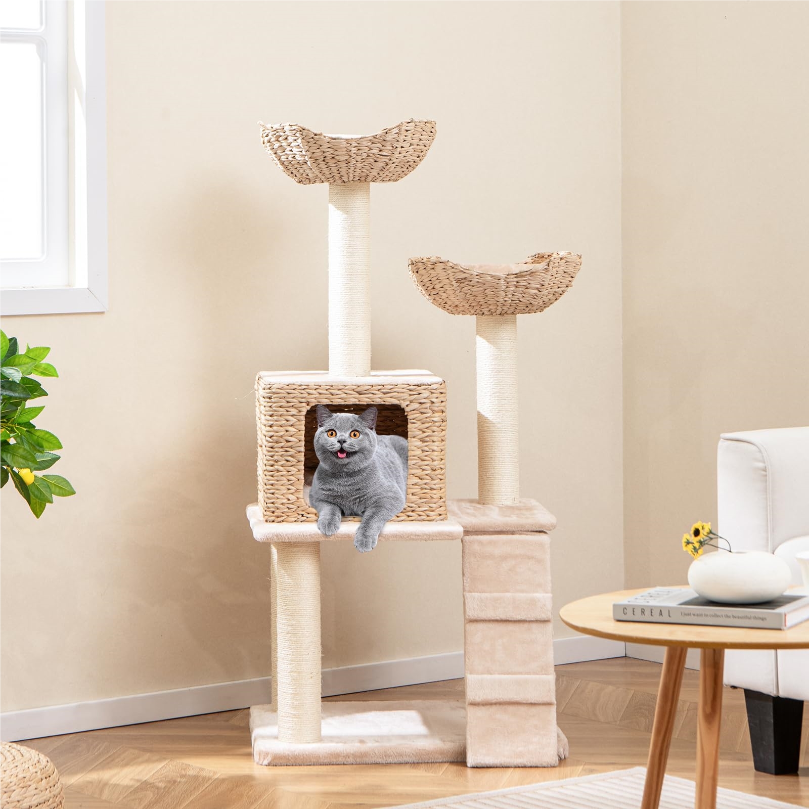 Image of Scratching Tree With Cat Cave, 122 Cm, Cat Tree With 2 Perches And Cushion & Cave Made Of Rattan, Ladder & Sisal Post, Multi-level Climbing Tree, Cat Scratching Tree Small, Beige