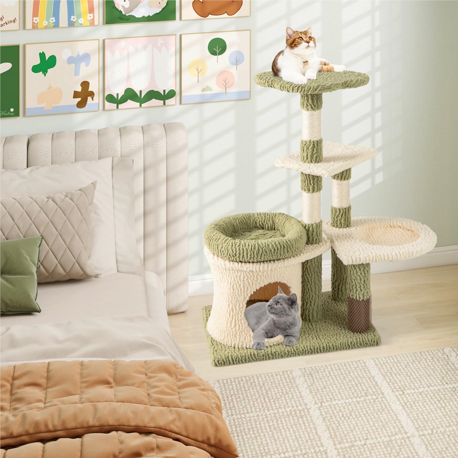 Scratching Tree Small, Cat Tree With Platforms, Cat Cave, Hammock & Fur Care, Play Tree, Cat Furniture Climbing Tree Green