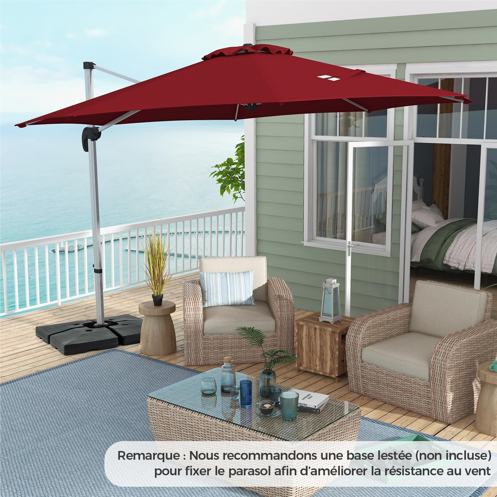 Deportee Umbrella Φ339CM, Round Garden Parasol with Cross Base, Inclinable Parasol with 5 Angles And Adjustable Heights, Eccentric Rotating 360° Umbrella with Handle And Double Roof