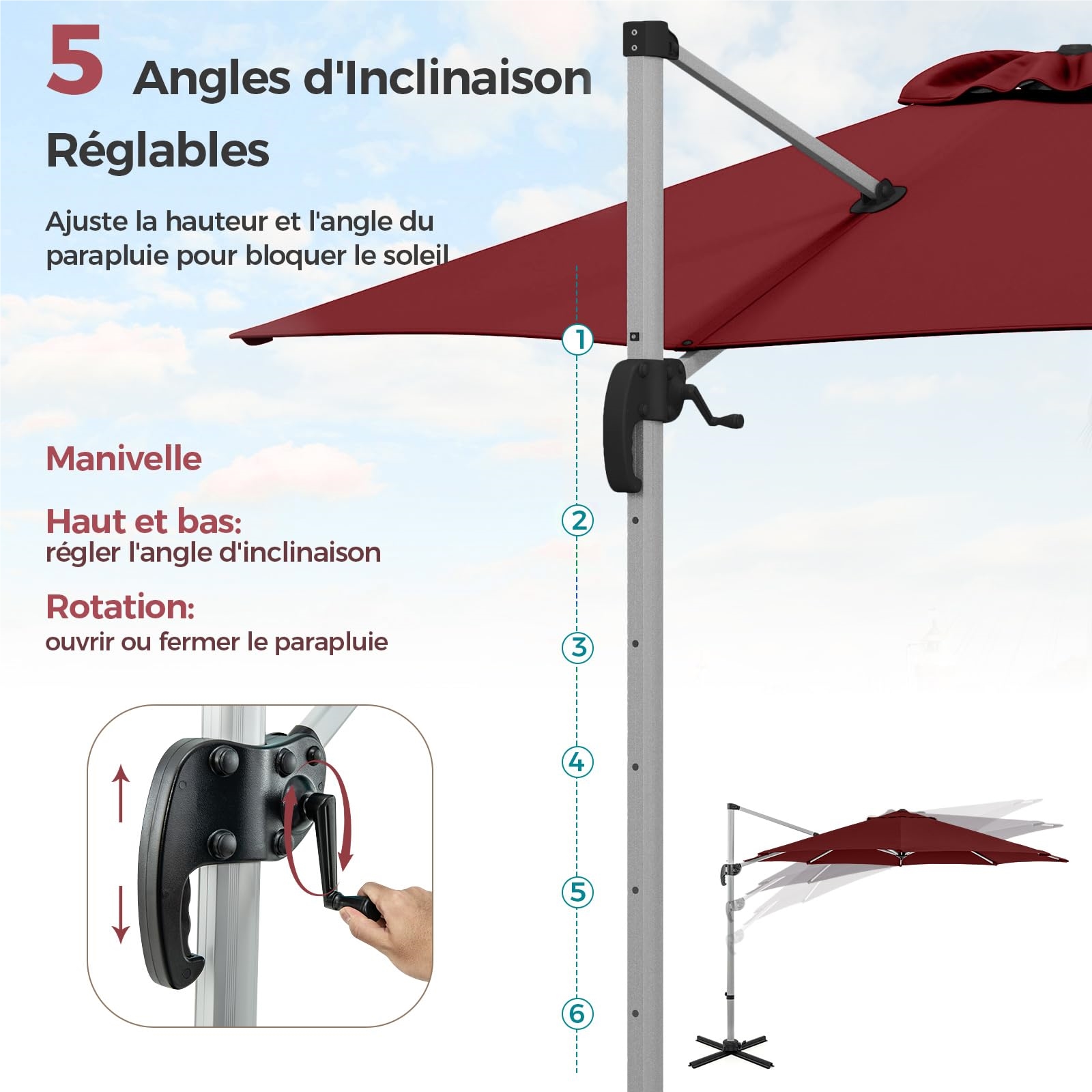 Deportee Umbrella Φ339CM, Round Garden Parasol with Cross Base, Inclinable Parasol with 5 Angles And Adjustable Heights, Eccentric Rotating 360° Umbrella with Handle And Double Roof