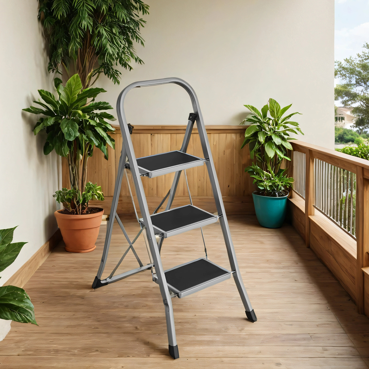 Escabeau 3 Marches, Pliant, Supporte Jusqu'à 150 kg, Verrou de Sécurité, Rangement Gain de Place