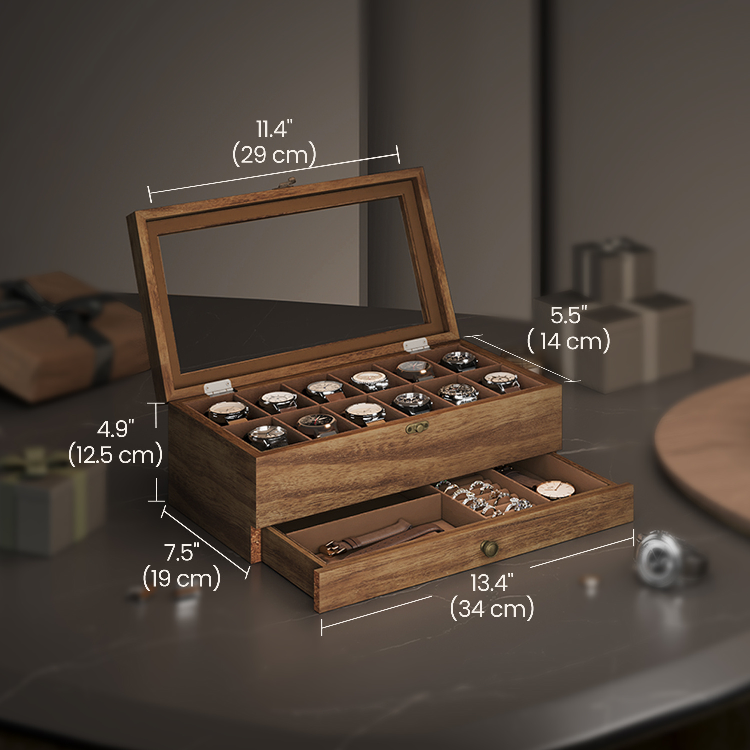 E-shop Uhrenbox mit 12 Fächern, Uhrenkasten aus Massivholz, mit Glasdeckel, Uhrenkissen, Schmuckaufbewahrung, walnussfarben，Geschenk