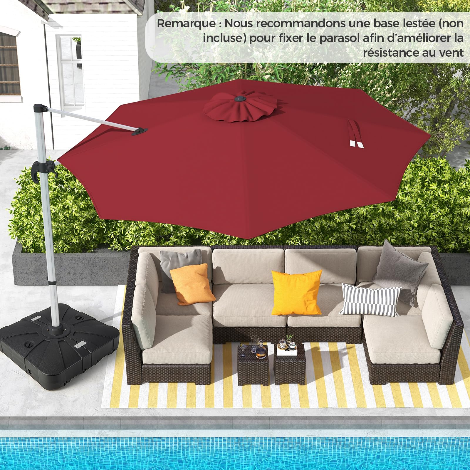 Deportee Umbrella Φ339CM, Round Garden Parasol with Cross Base, Inclinable Parasol with 5 Angles And Adjustable Heights, Eccentric Rotating 360° Umbrella with Handle And Double Roof
