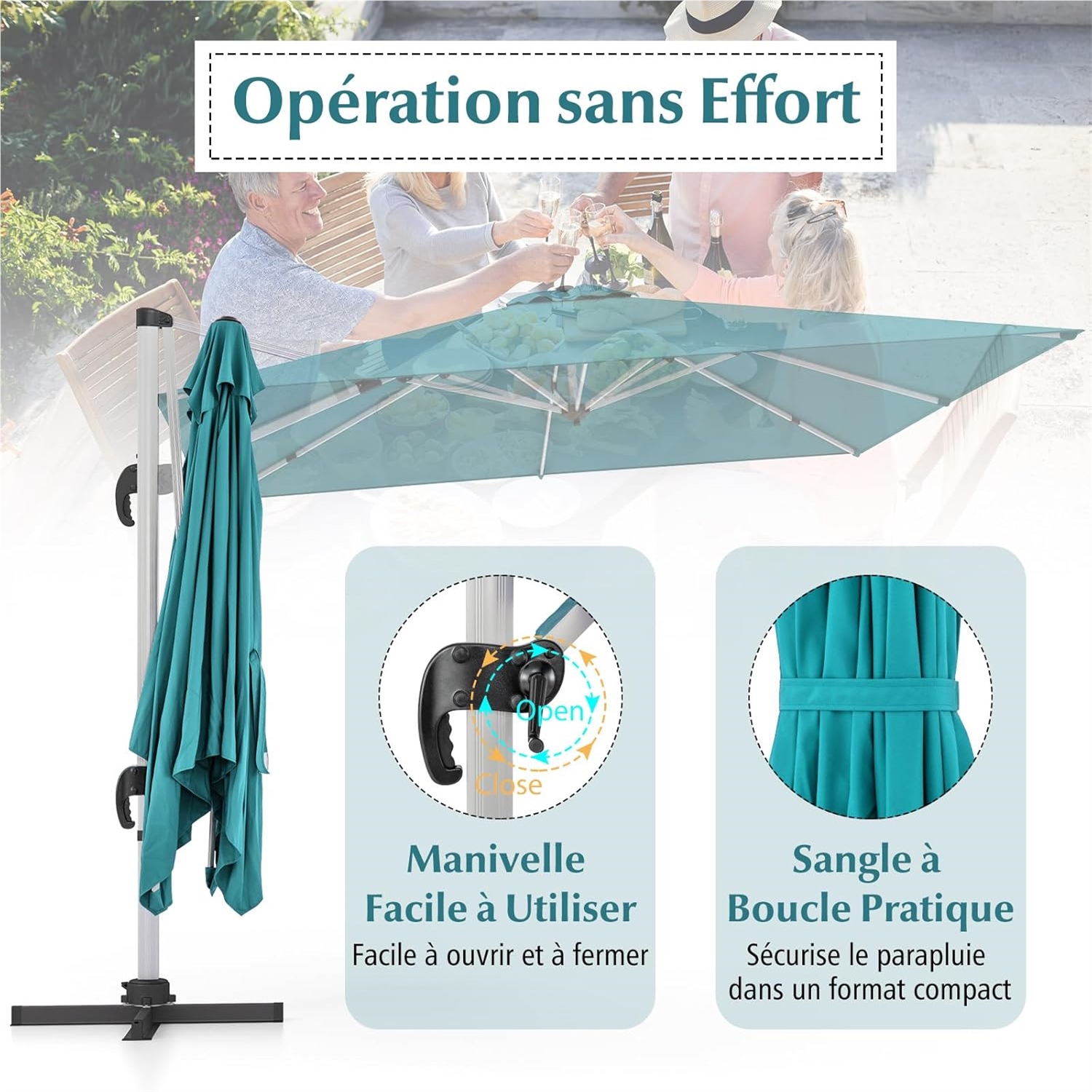 3x3M Offset Umbrella, Square Garden Umbrella with Cross Base, Adjustable 5-Angle Tilt Umbrella with 360° Rotating Crank and Dual Canopy, Blue