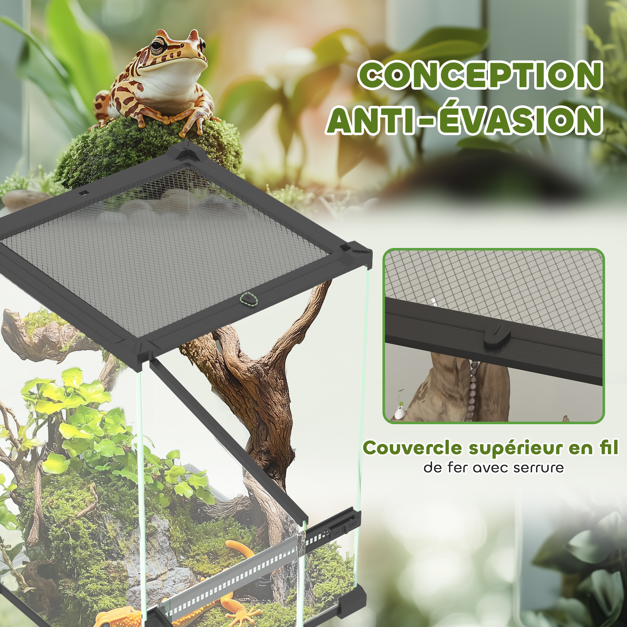 Image of Pawhut Glass Terrarium For Reptiles, 12l Reptile With Metal Mesh Lid, Reptile Breeding Box For Frogs, , Turtles, 20 X 20 X 30 Cm, Black