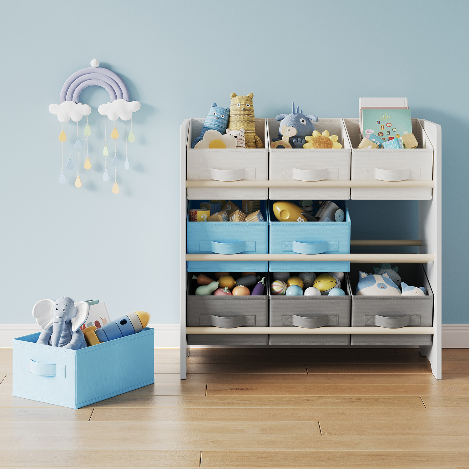 E-shop Regal, Regal mit 9 Aufbewahrungsboxen aus Vliesstoff, Arbeitszimmer, geräumig, 29,5 x 62,5 x 60 cm