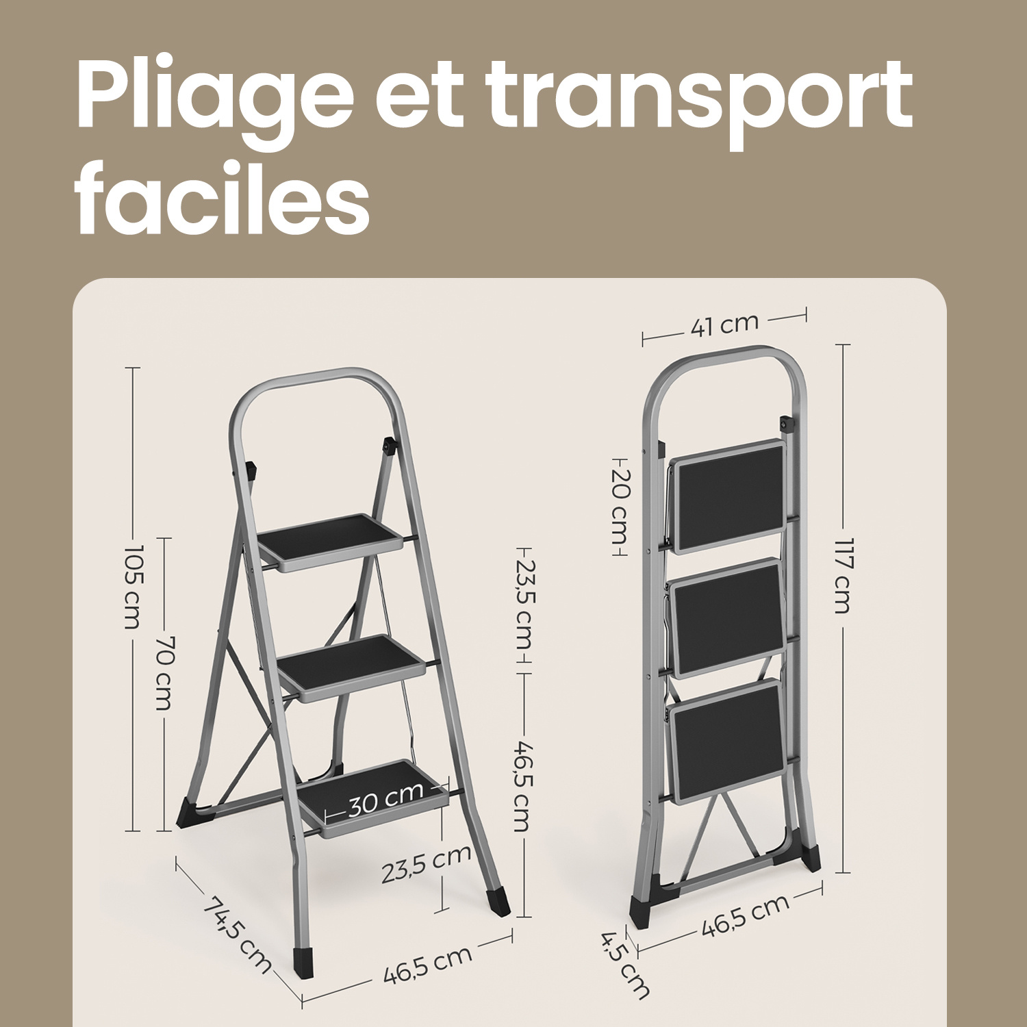 Escabeau 3 Marches, Pliant, Supporte Jusqu'à 150 kg, Verrou de Sécurité, Rangement Gain de Place