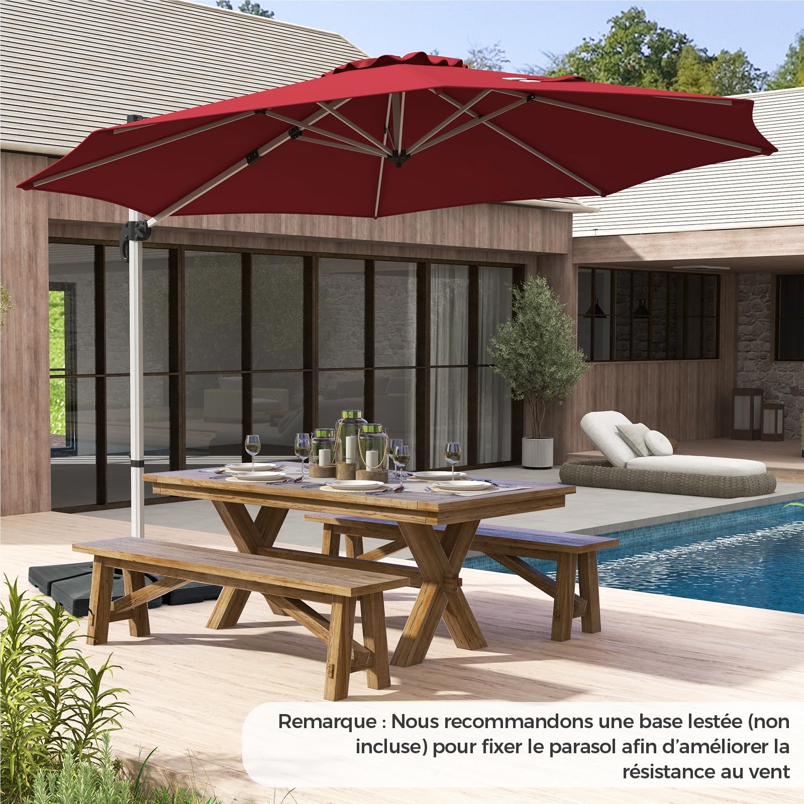 Deportee Umbrella Φ339CM, Round Garden Parasol with Cross Base, Inclinable Parasol with 5 Angles And Adjustable Heights, Eccentric Rotating 360° Umbrella with Handle And Double Roof