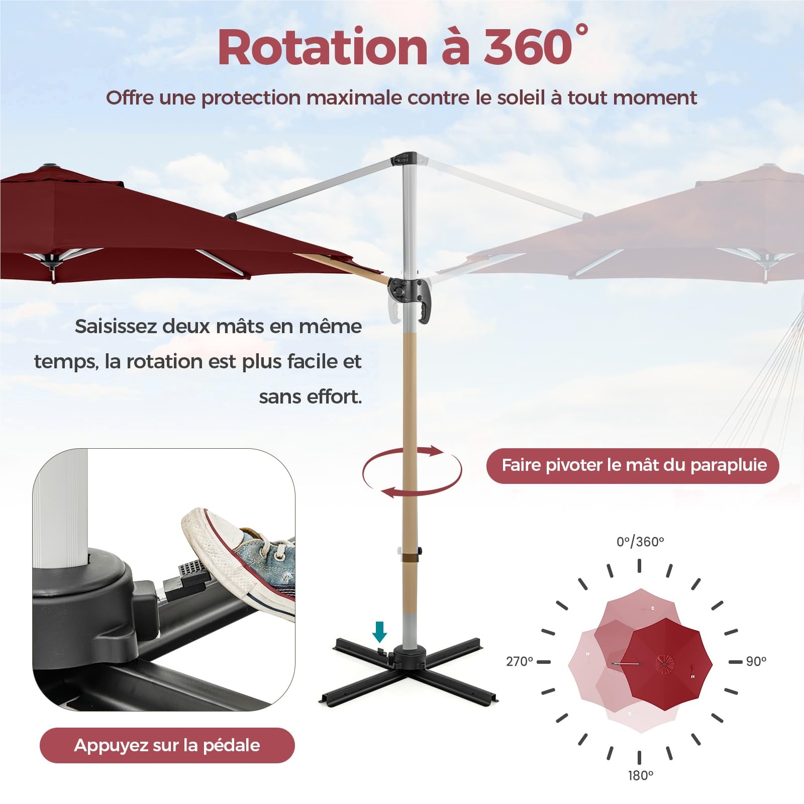 Deportee Umbrella Φ339CM, Round Garden Parasol with Cross Base, Inclinable Parasol with 5 Angles And Adjustable Heights, Eccentric Rotating 360° Umbrella with Handle And Double Roof
