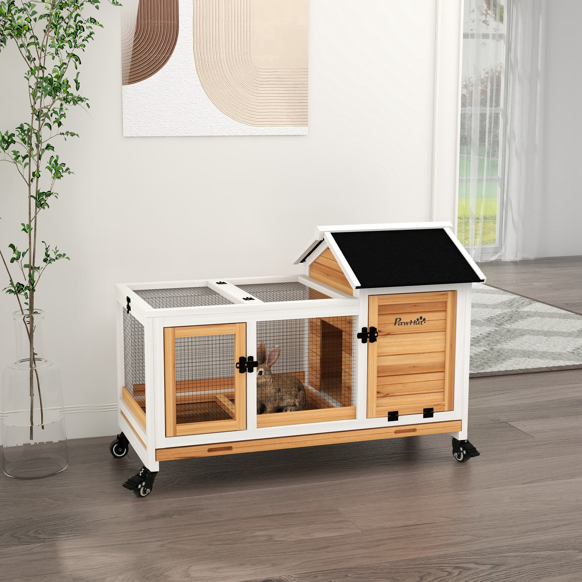 PawHut Rabbit Cage with Rodents on Wheels 2 Lockable Doors Droppings Drawer - dim. 108L x 58W x 73.5H cm - yellow wood, Multi-Equipped Hutch With Play Area And Shelter
