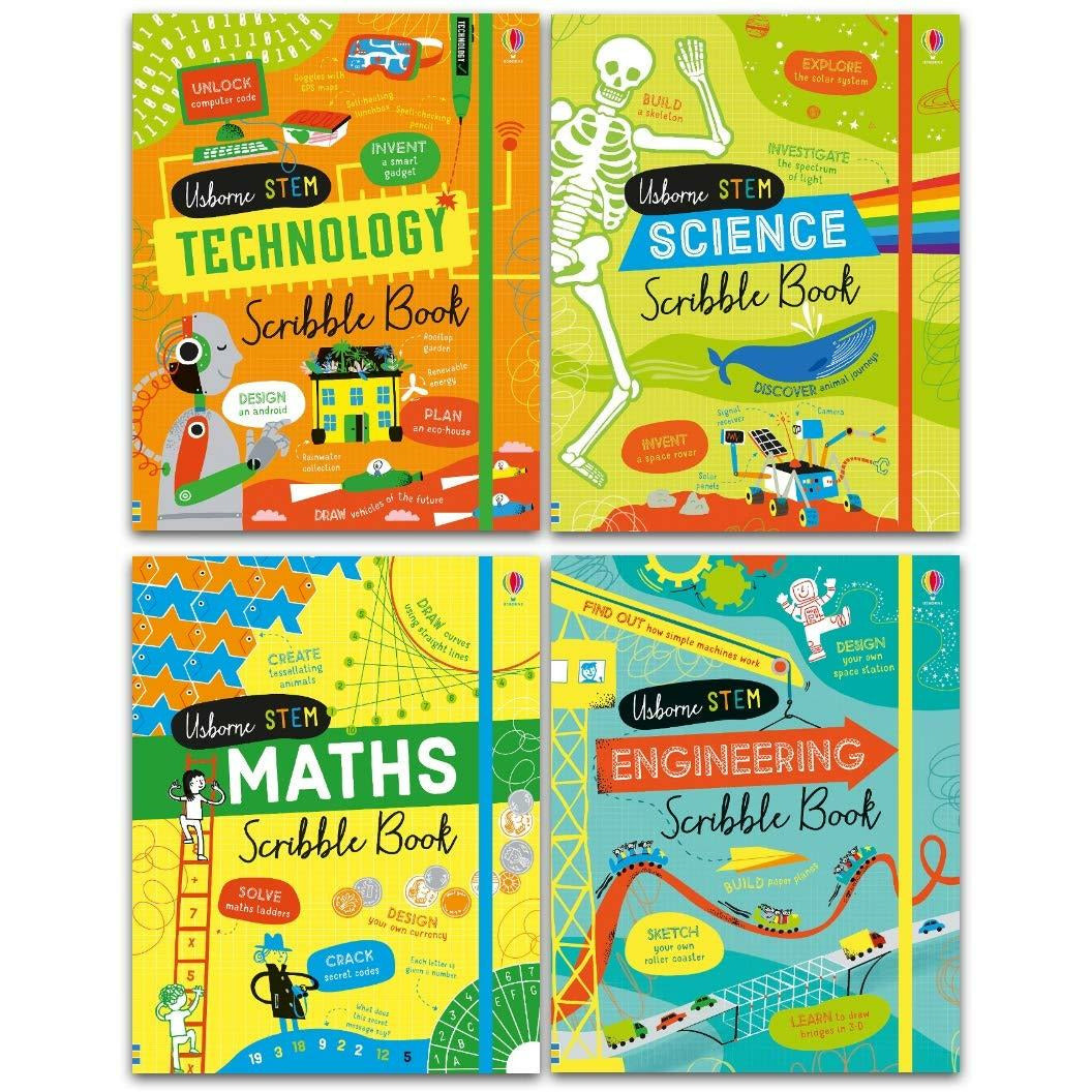 Usborne STEM Scribble Books 4 Book Collection Set - Science Engineering Technology Maths - Ages 7+ - Hardback