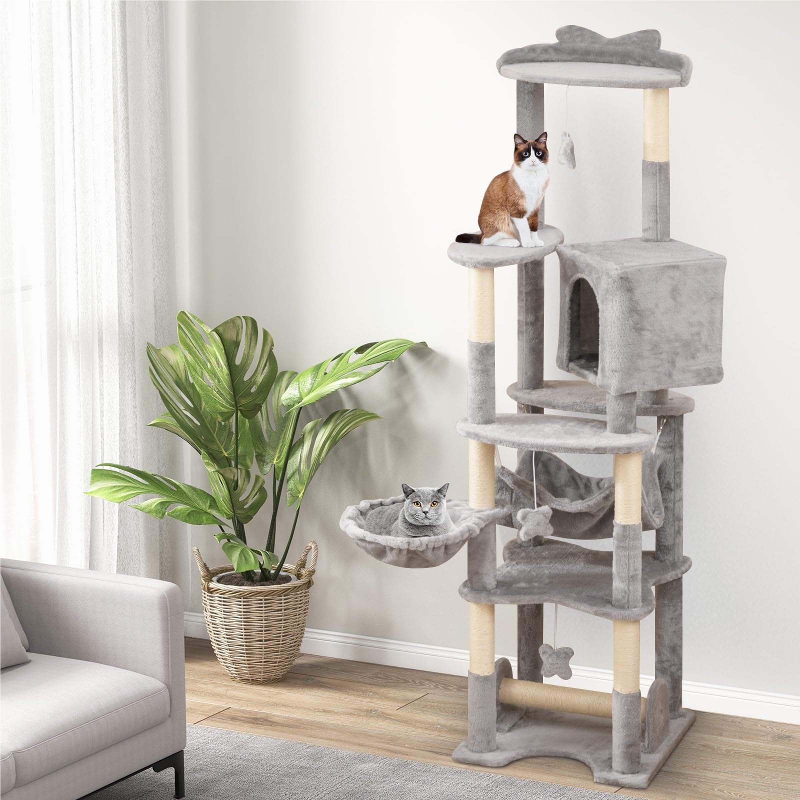 176cm Scratching Tree Wood, Large Cat Scratching Tree, Cat Tree With Cave, Hammock Bed, Sisal Post & Platforms & Toys, Activity Tree Cat Furniture Climbing Tree, Gray