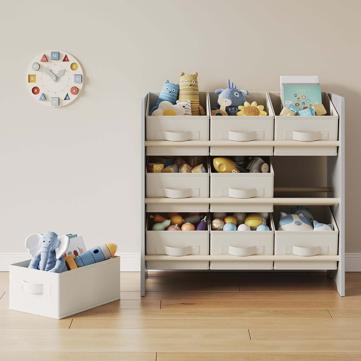 E-shop Bücherregal, Regal, mit 9 Aufbewahrungsboxen aus Vliesstoff, Arbeitszimmer, geräumig, 29,5 x 62,5 x 60 cm