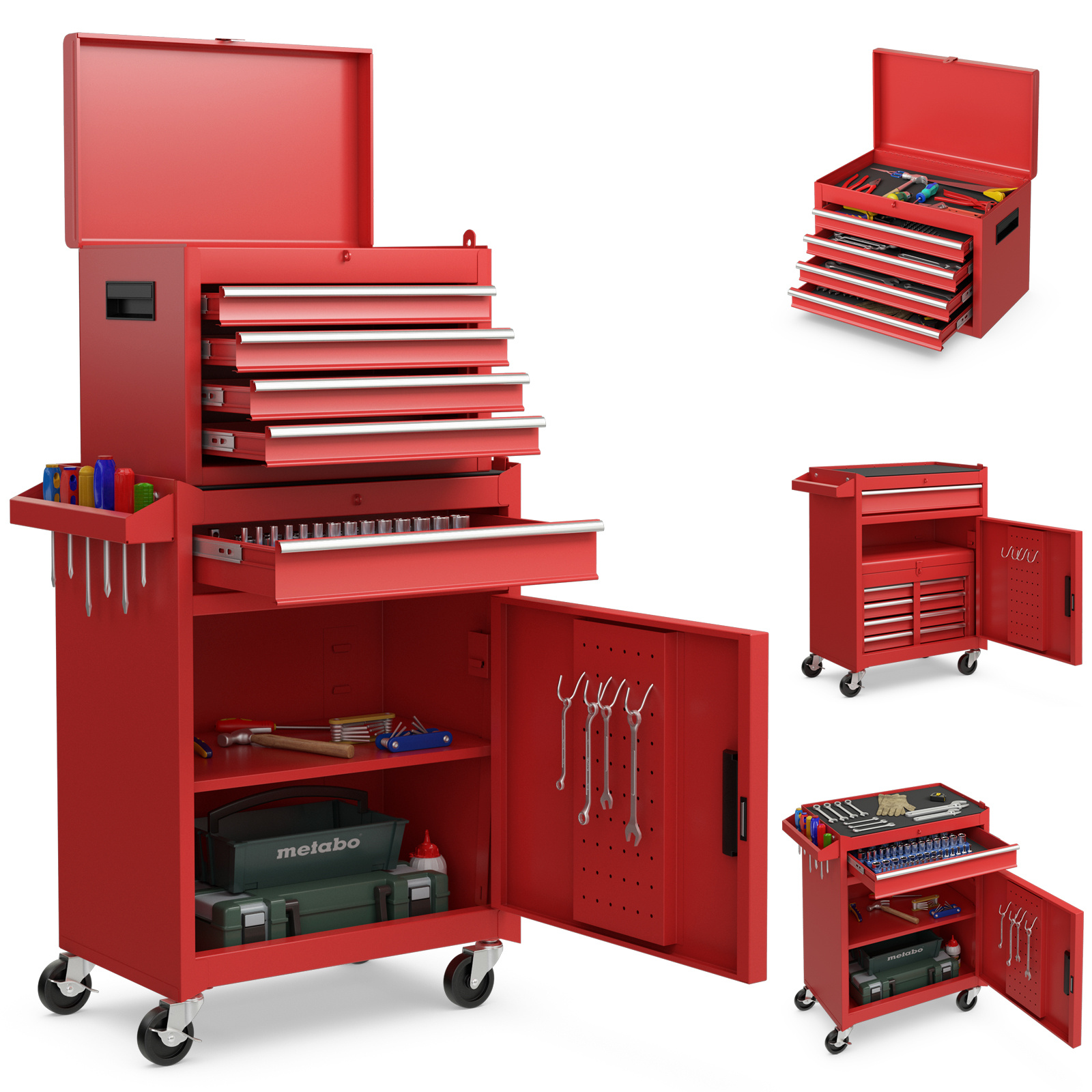 5 drawer rolling tool box large capacity tool cabinet with lockable wheels adjustable shelf and non slip liner for garage red blue 2 in 1 detachable design hanging board adjustable interior shelf smooth slide drawers wide   of applications