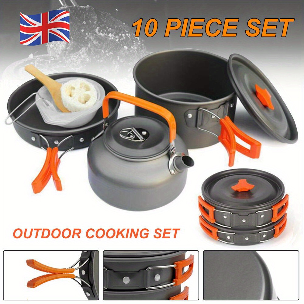 TEMU 10pcs Portable Camping Cooking Cookware Set Anodised Aluminium Pots Pans Kettle, Camping Cookware Kit With Accessories