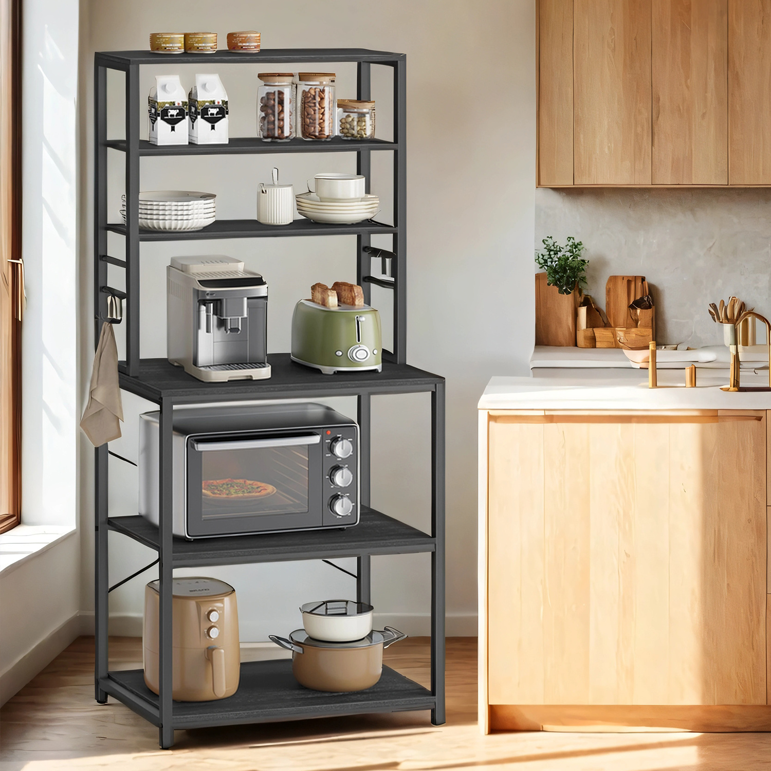 Image of Kitchen Shelf, Standing Shelf For Kitchen, Microwave Shelf, 6 Shelf Levels And 6 Hooks, For Microwave, , , 40 X 60 X 167 Cm