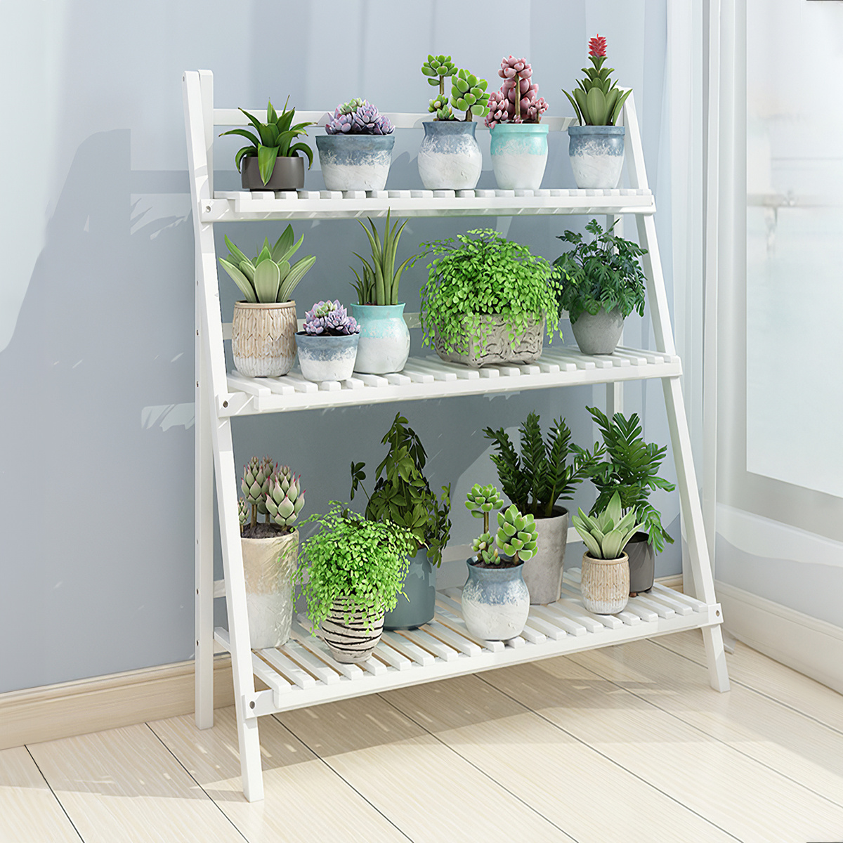 TEMU 1pc Folding Flower Rack Wooden Room Succulent Flower Pot Rack Indoor 3 Tier Ladder Type Flower Rack, L 70*w 40*h 96cm
