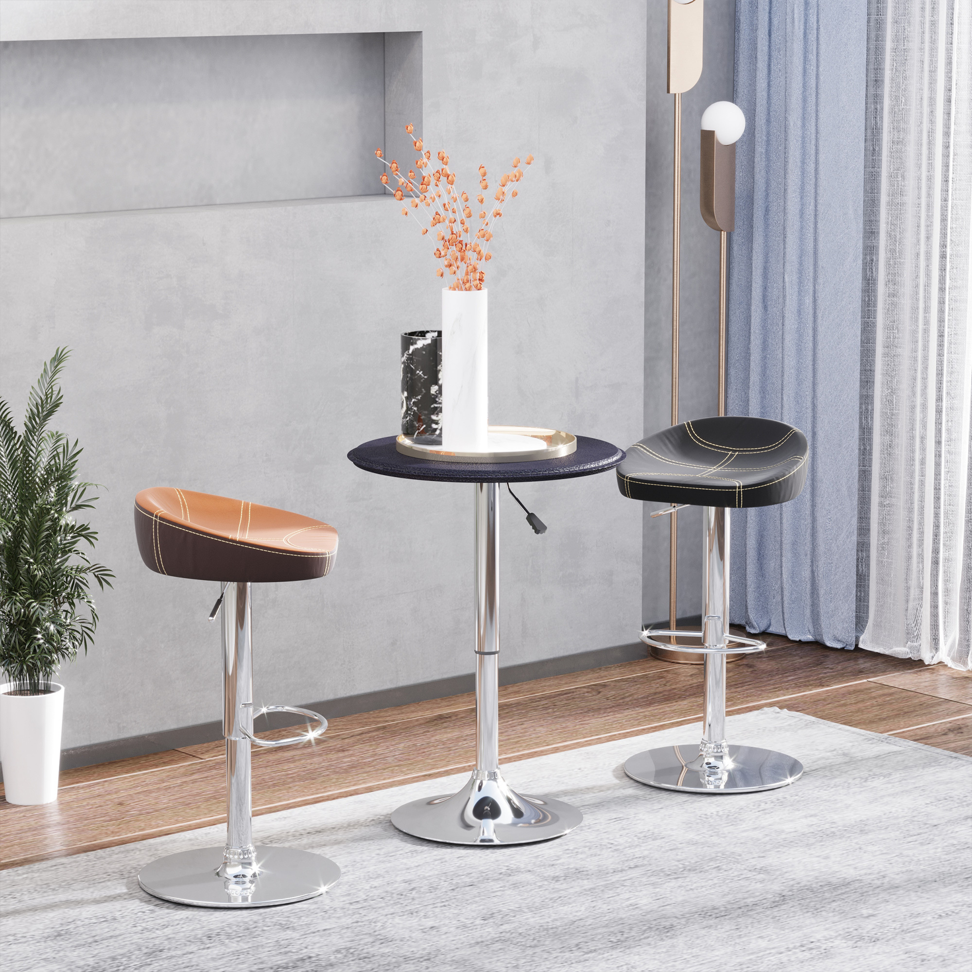 Bar Table Dining Table Standing Table Coffee Table, Kitchen Table For Living Room, Dining Room, Chrome Steel, Artificial Leather, Black, Ø63 X 67-93 Cm