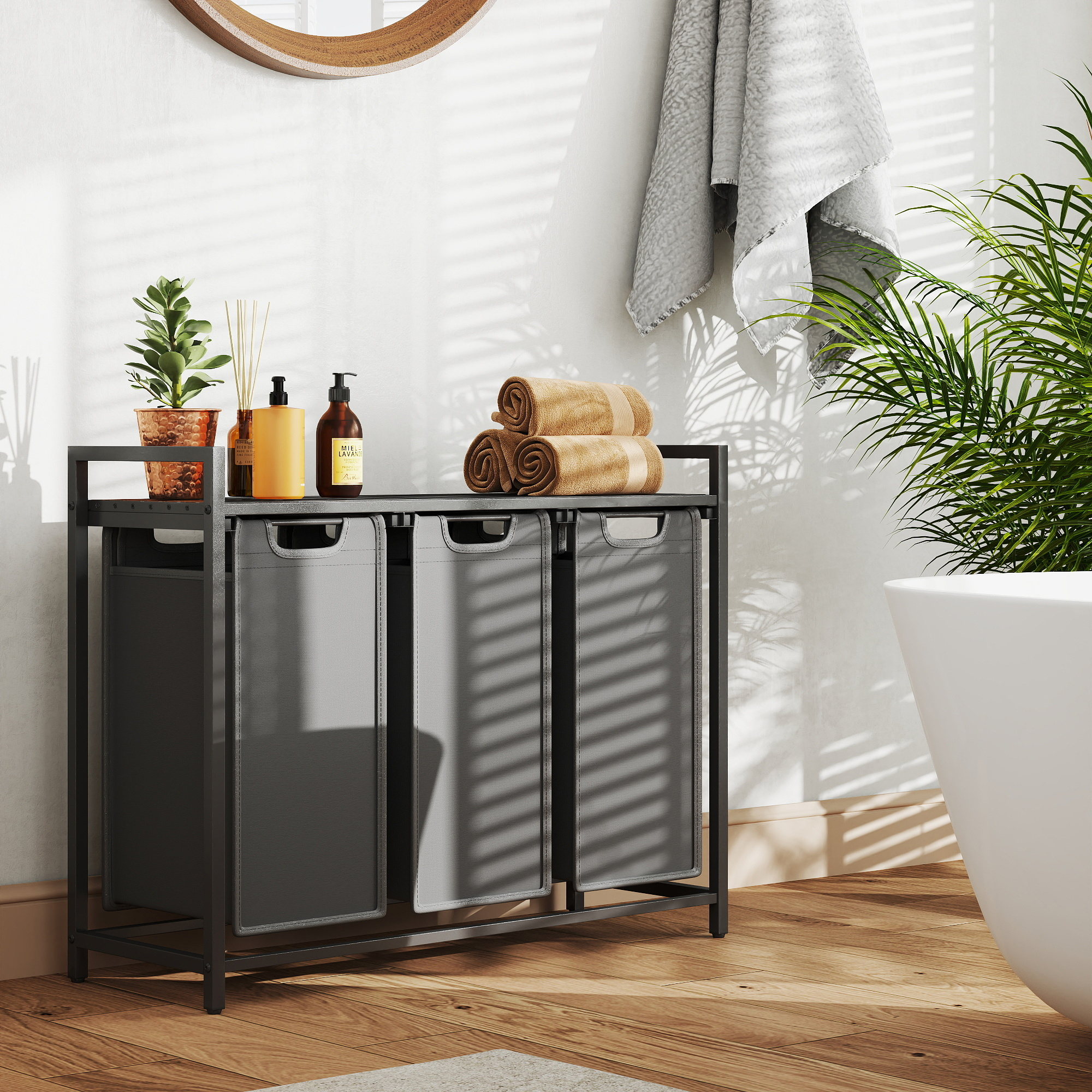 E-shop Wäschekorb, Wäschebox 3 Fächer, Wäschesammler mit Ablage, Wäschesack ausziehbar abnehmbar, 3 x 38 L, 92,5 x 33 x 72 cm