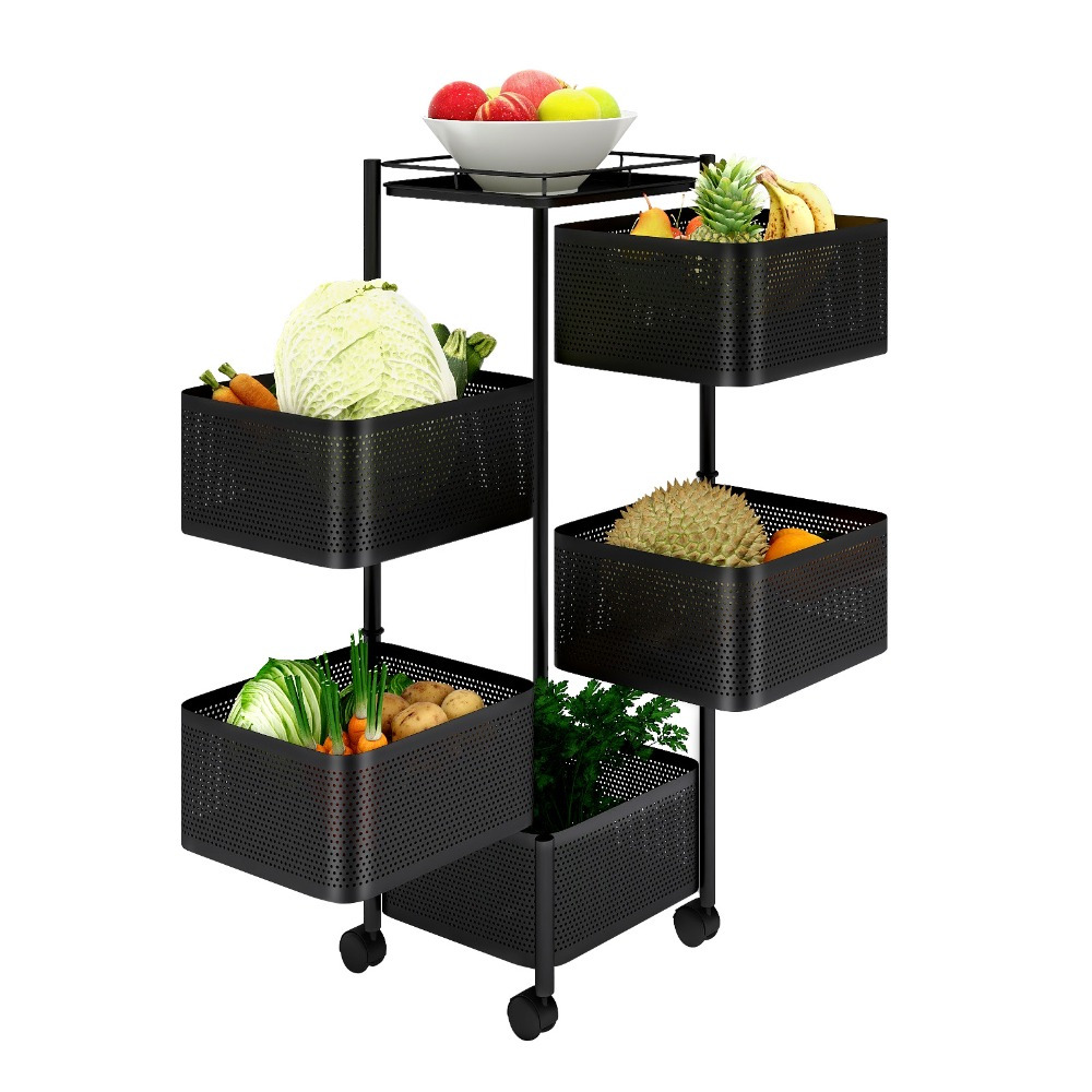 5-Tier Rotating Vegetable Rack with Wheels for Kitchen Storage